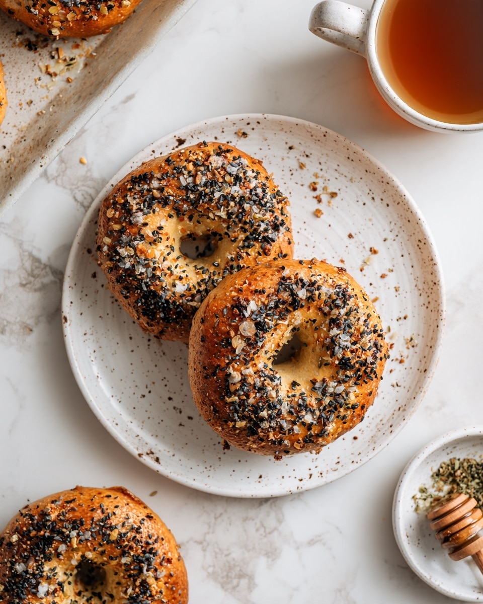 The image shows three golden brown bagels topped with a mix of white and black sesame seeds, garlic, and other seasonings, giving them a textured and slightly crispy surface. Two bagels are stacked on a white speckled plate placed on a white marbled surface, while a third sits beside the plate directly on the surface. To the right, there is a white cup filled with light brown coffee or espresso, and a small glass jar of honey with a cinnamon stick resting on the rim. The overall setting is clean and simple, with some crumbs and seasoning scattered around for a natural look. photo taken with an iphone --ar 4:5 --v 7