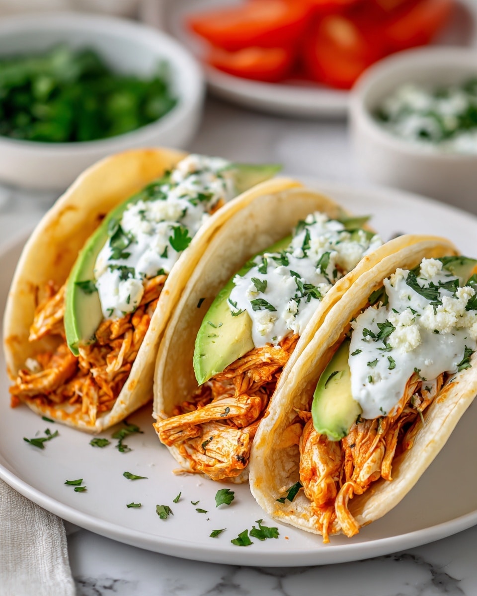 The image shows three soft tacos arranged side by side on a white plate, placed on a white marbled surface. Each taco has a soft, light golden tortilla shell folded around layers of orange shredded chicken, topped with white sour cream, small green chopped herbs, and slices of fresh green avocado. The colors and textures highlight the creamy, shredded, and fresh elements of the filling. The background shows soft blur hints of tomato slices and a white bowl with green cilantro, adding a fresh and inviting look. Photo taken with an iphone --ar 4:5 --v 7