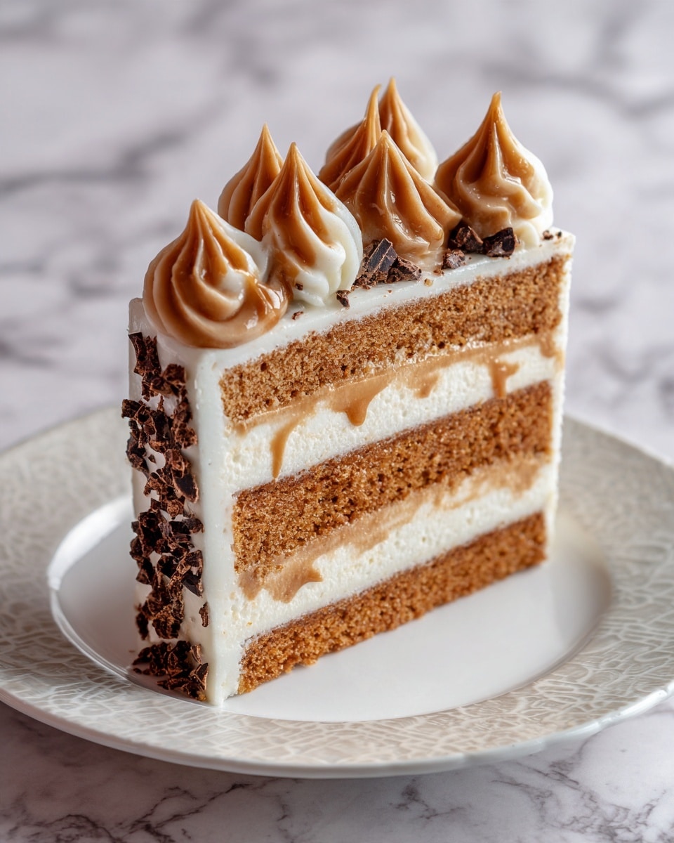 The image shows a slice of cake with four visible layers. The bottom, second, and fourth layers are brown and textured like a moist chocolate or spice cake. Between these layers are creamy white layers, thick and smooth, with the middle white layer containing small bits of caramel or nuts. The top layer is covered with light beige frosting, decorated with swirls and small bits of chocolate or caramel on top. The slice is placed on a white plate with a delicate rim pattern, set on a white marbled surface. Photo taken with an iphone --ar 4:5 --v 7