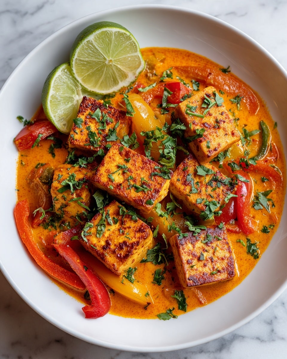 A white bowl filled with a bright orange curry base, containing seven large, firm cubes of tofu spread evenly on the surface. Mixed in the curry are slices of red and yellow bell peppers, adding red and yellow colors and soft textures throughout. The dish is sprinkled generously with chopped green herbs, giving a fresh, leafy look on top. Beside the bowl, a halved lime shows its vibrant green interior. The bowl rests on a white marbled surface, highlighting the warm colors of the dish. photo taken with an iphone --ar 4:5 --v 7