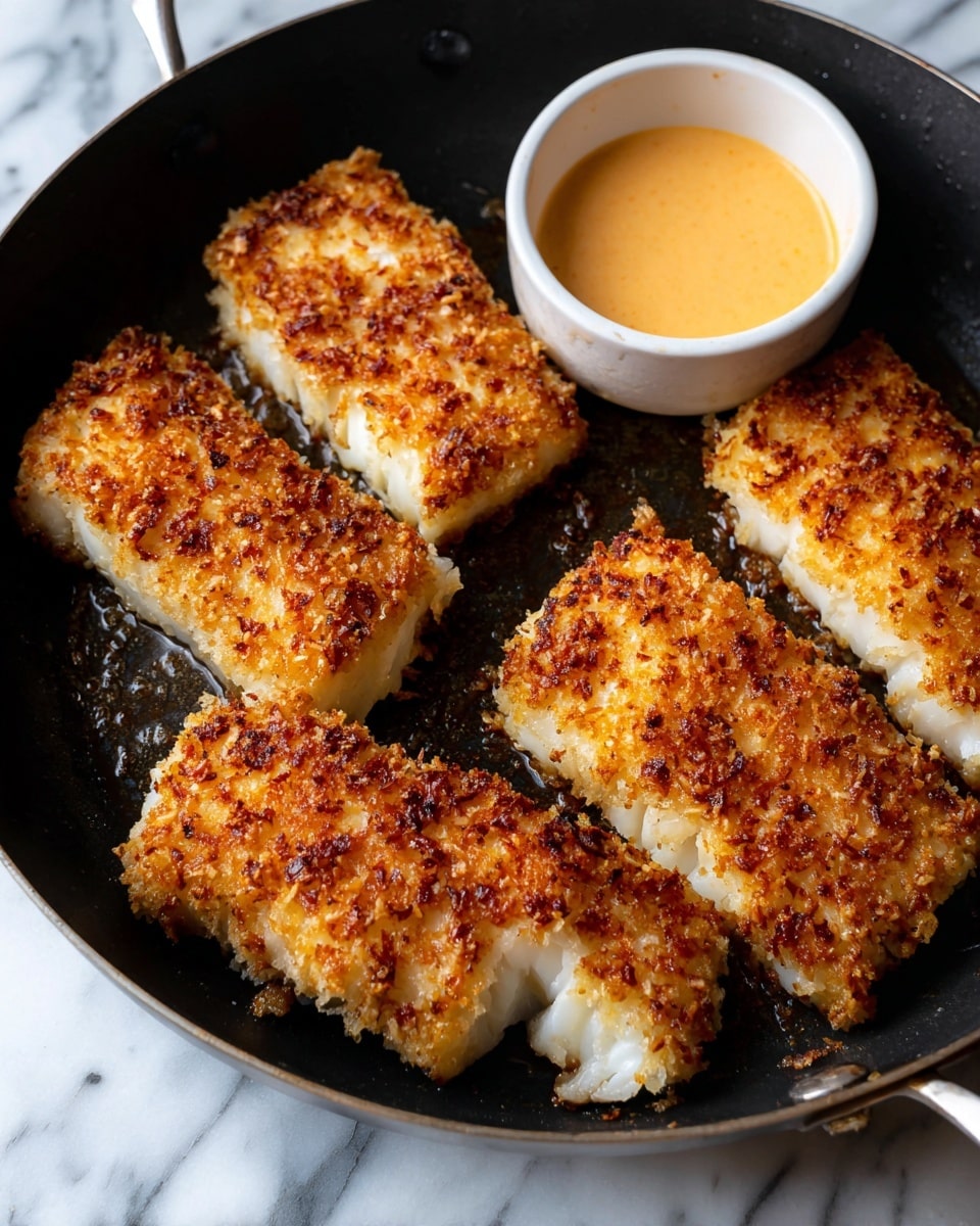 Four pieces of golden-brown seared fish fillets with a crispy, textured top layer sit in a black frying pan filled with a thin layer of oil. The fish flesh underneath is light and flaky with subtle lines visible on the sides of the fillets. Below the pan, a small white bowl holds a creamy beige sauce. The entire scene is set on a white marbled surface. Photo taken with an iphone --ar 4:5 --v 7
