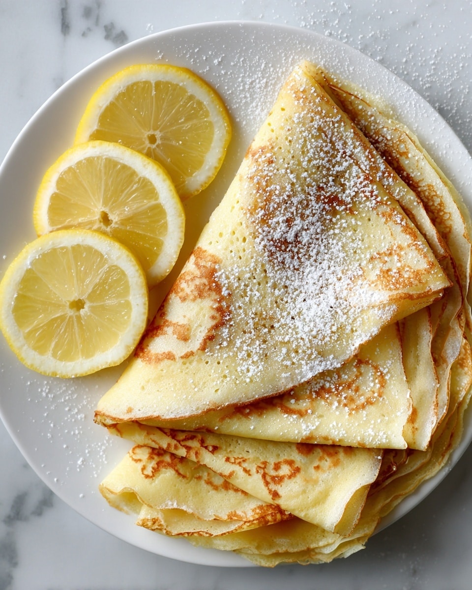 A white plate holds four thin, golden-brown crepes, lightly dusted with white powdered sugar. Three crepes are folded into triangles and stacked with slight overlap, showing their soft texture and subtle browning spots. One crepe lies flat underneath, slightly wrinkled at the edges with a delicate, light yellow color. On the left side of the plate, three thin slices of bright yellow lemon are placed, adding a fresh and vibrant contrast to the warm tones of the crepes. The plate sits on a white marbled surface. photo taken with an iphone --ar 4:5 --v 7