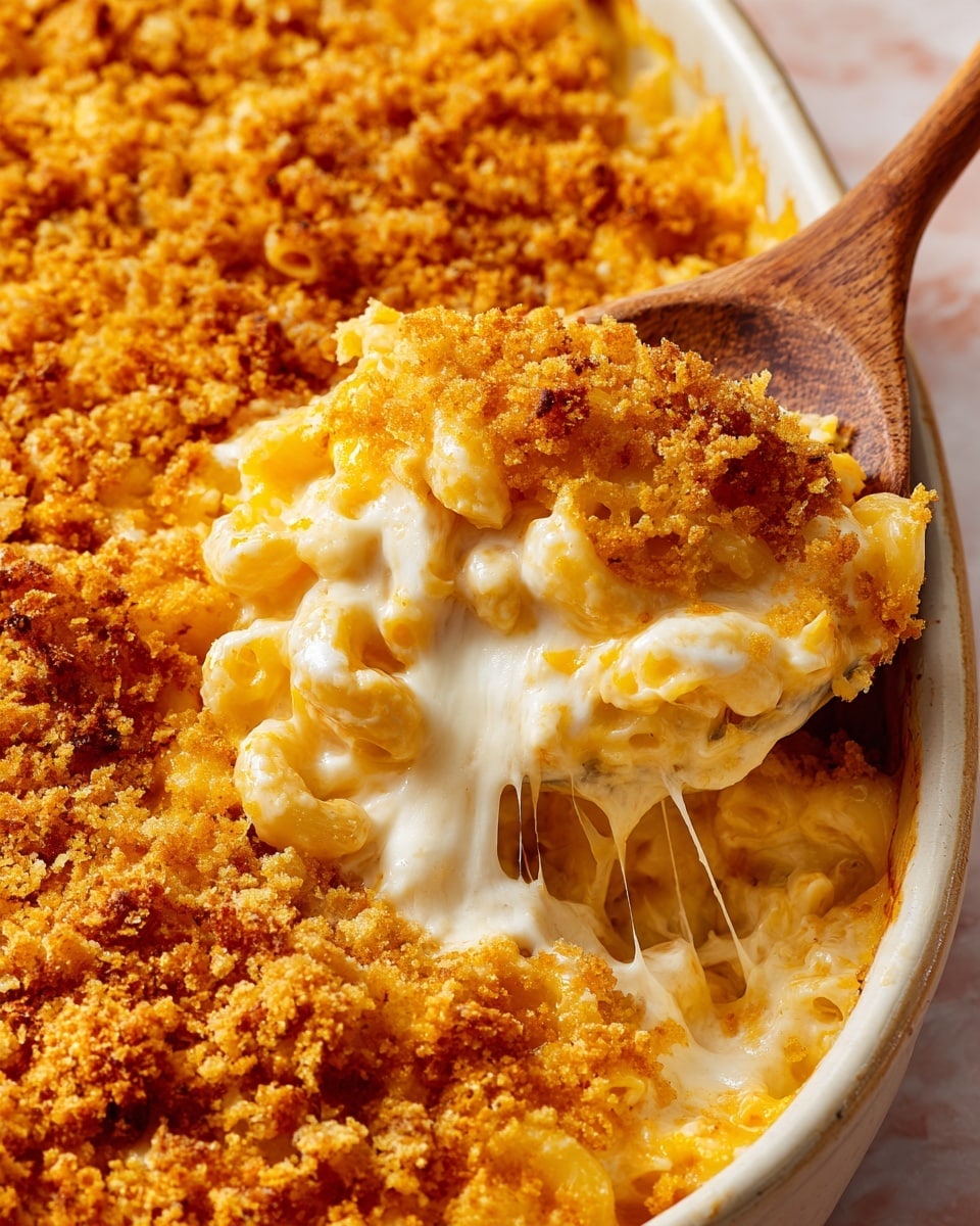 This close-up image shows a creamy baked mac and cheese with two layers clearly visible: a thick, smooth white cheese sauce layer coating soft elbow macaroni beneath a golden-brown, crispy breadcrumb topping that looks crunchy and uneven with some darker toasted spots. A wooden spoon is scooping into the dish, pulling up gooey, melted cheese strings stretching between the layers. The dish sits on a white marbled surface. photo taken with an iphone --ar 4:5 --v 7