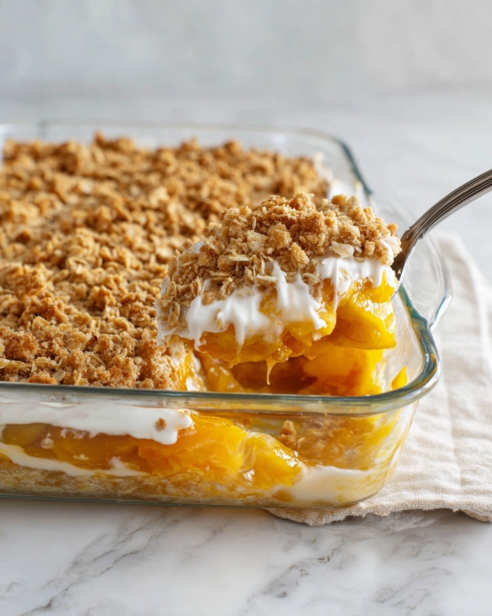 This dish is a baked dessert in a clear glass rectangular dish, showing three main layers. The bottom layer looks soft and creamy with a light beige color, likely a baked custard or pudding. The middle layer is filled with golden brown cooked apple slices that are soft and glossy. The top layer is a crumbly oat and cinnamon topping, golden brown and crunchy with visible oats, drizzled with a thin white glaze. A silver spoon is scooping out one corner, revealing the layered texture inside. The dish is placed on a white marbled surface. Photo taken with an iphone --ar 4:5 --v 7