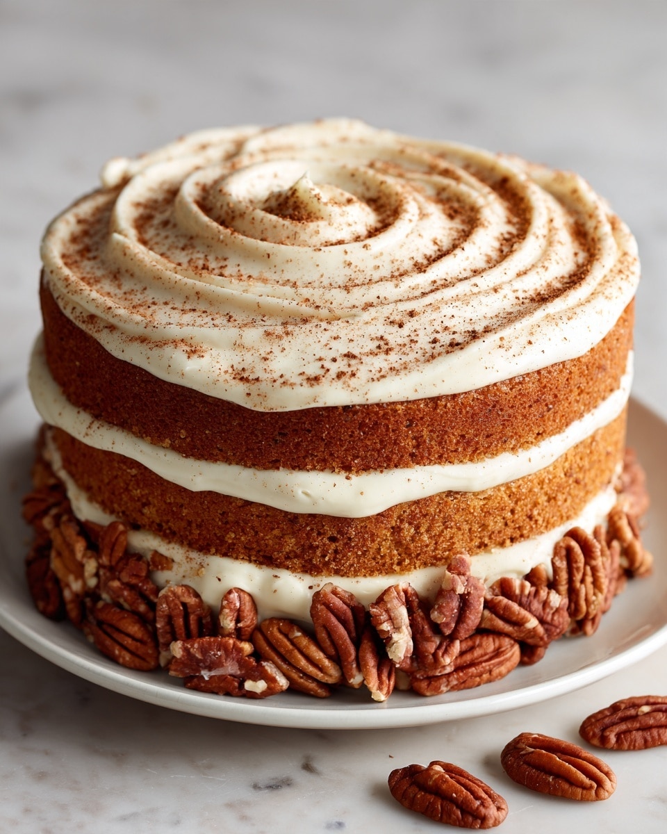 A three-layer cake sits on a white plate placed on a white marbled surface. Each layer consists of moist, golden-brown cake with smooth, creamy white frosting between them. The top of the cake is frosted with the same creamy white layer, swirled in a gentle spiral pattern, and lightly dusted with a fine brown powder. The sides are covered with whole pecan halves, packed close together, giving a textured, nutty brown border around the cake. Some loose pecans rest on the white marbled surface near the plate. photo taken with an iphone --ar 4:5 --v 7