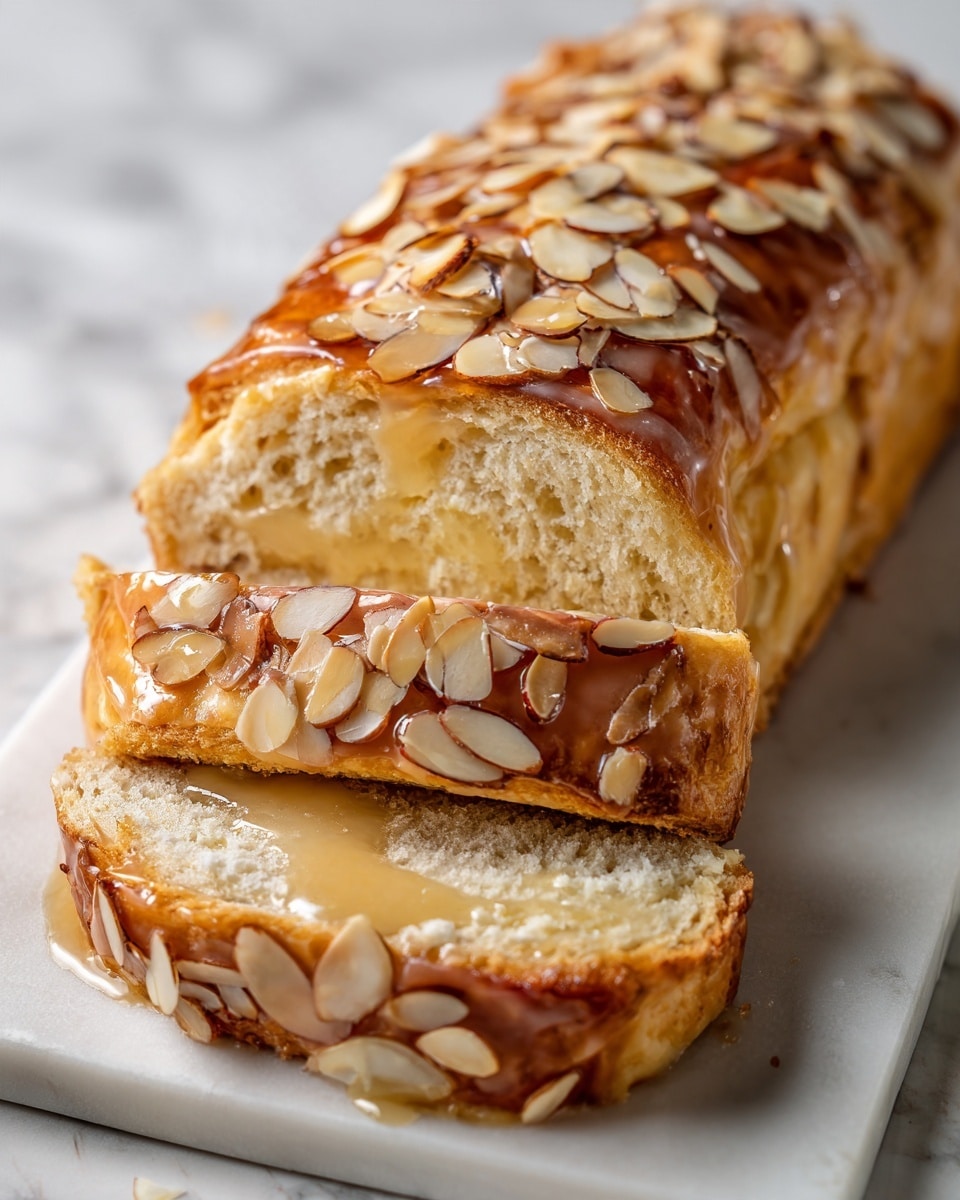 A long, golden-brown pastry loaf sits on a white rectangular plate on a white marbled surface, sliced into four pieces with the three smaller slices placed in front of the larger, uncut portion. The pastry crust is glossy and sprinkled with flat, light almond slices that cover the top evenly. Inside, the filling is light beige and smooth, tightly encased by a thin, flaky crust layer that shows a slight contrast in texture and color to the shiny outer crust. The background includes blurred greenery and light coming through a window, adding a fresh atmosphere to the scene. photo taken with an iphone --ar 4:5 --v 7