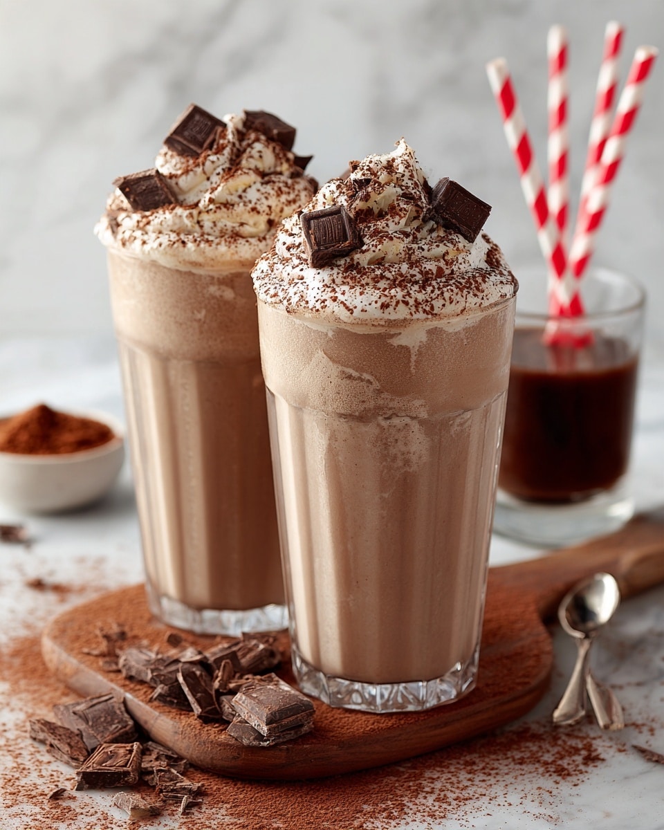 Two thick, creamy milkshakes with a light brown color fill clear glasses with vertical grooves on the sides. Each milkshake has a thick layer of whipped chocolate cream on top, sprinkled with dark brown cocoa powder and large chunks of chocolate pieces. The glasses sit on a wooden board scattered with cocoa powder and broken pieces of chocolate. In the background, a clear glass with dark brown liquid and two red and white striped straws, along with a bowl full of cocoa powder and a spoon with chocolate sauce, rest on a white marbled surface. photo taken with an iphone --ar 4:5 --v 7
