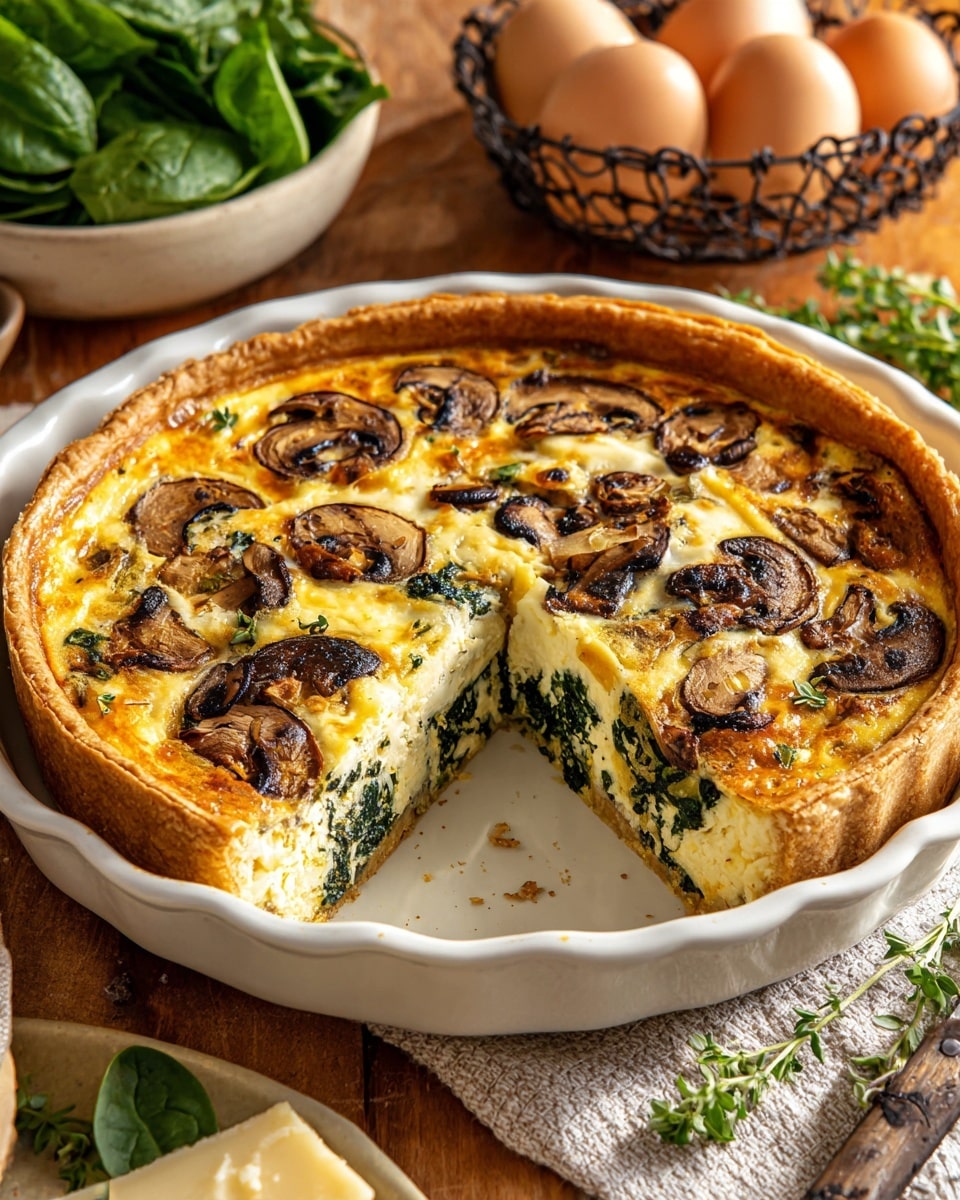 A white round dish holds a quiche with three visible layers: a golden-brown crust at the bottom, a creamy yellow egg filling mixed with dark green spinach in the middle, and a top layer with melted light golden cheese with browned spots and sliced mushrooms scattered throughout. One wedge is cut out showing the thick soft inside, with the top cheese slightly bubbling. The dish sits on a wooden table with fresh herbs and cheese next to it, along with a bowl of green spinach leaves and a wire basket with eggs—photo taken with an iphone --ar 4:5 --v 7
