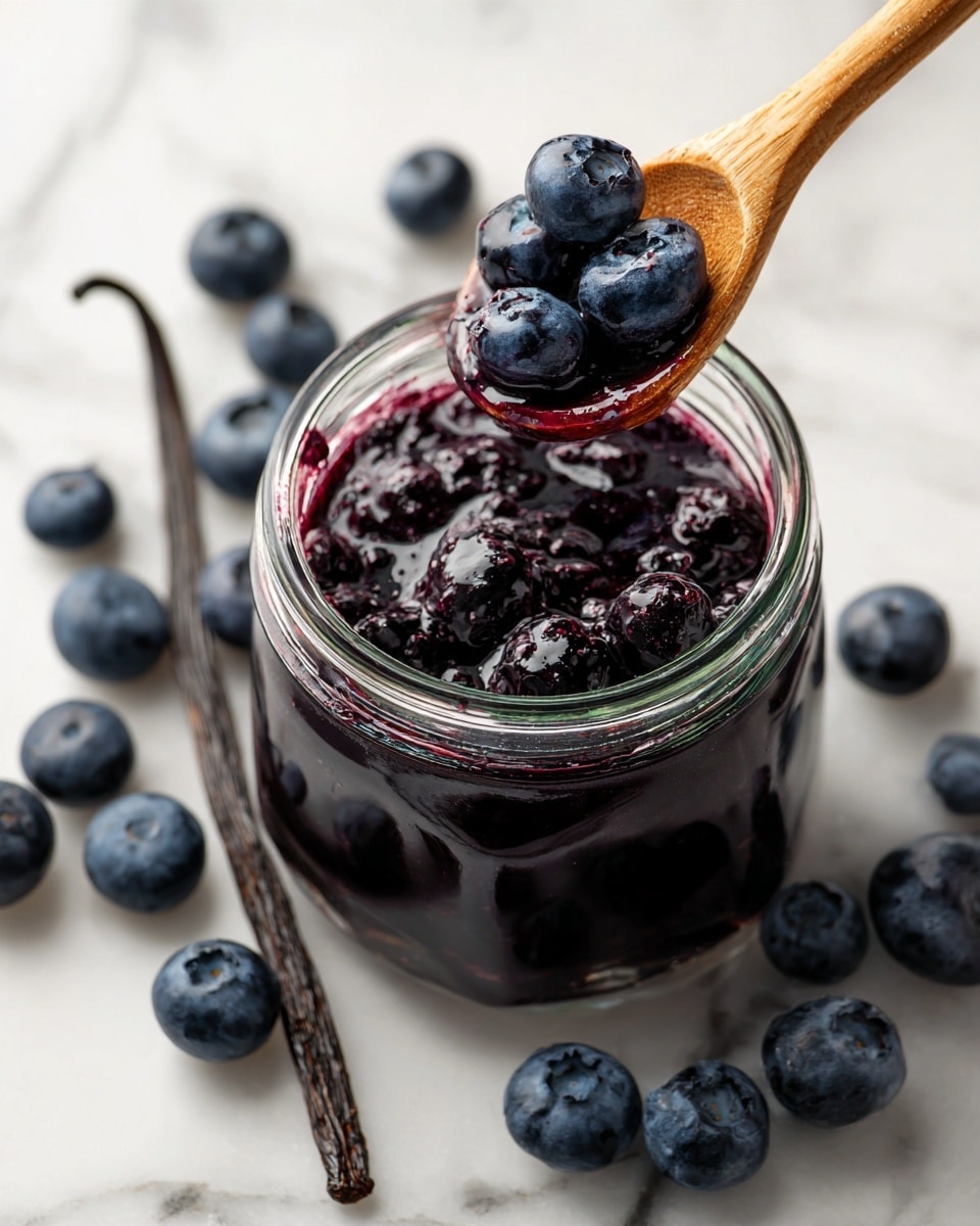 A clear glass jar filled with dark purple blueberry jam with whole blueberries visible inside, a wooden spoon lifting several shiny, round blueberries out of the jar, a whole vanilla bean placed next to the jar on a white marbled surface, scattered fresh blueberries around the jar, photo taken with an iphone --ar 4:5 --v 7