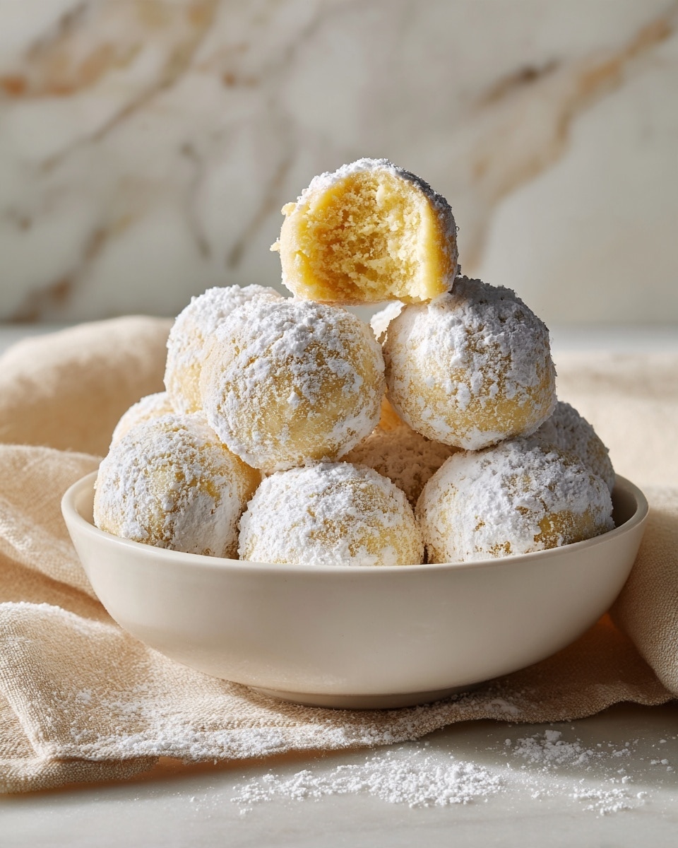 A small white bowl filled with round, pale yellow balls covered in white powdered sugar, stacked in a pyramid shape; one ball on top has a bite taken out, showing a smooth, soft yellow inside. The bowl sits on a textured beige cloth against a white marbled surface, with soft, natural light highlighting the powder's delicate texture and the balls' smooth surface. Photo taken with an iphone --ar 4:5 --v 7