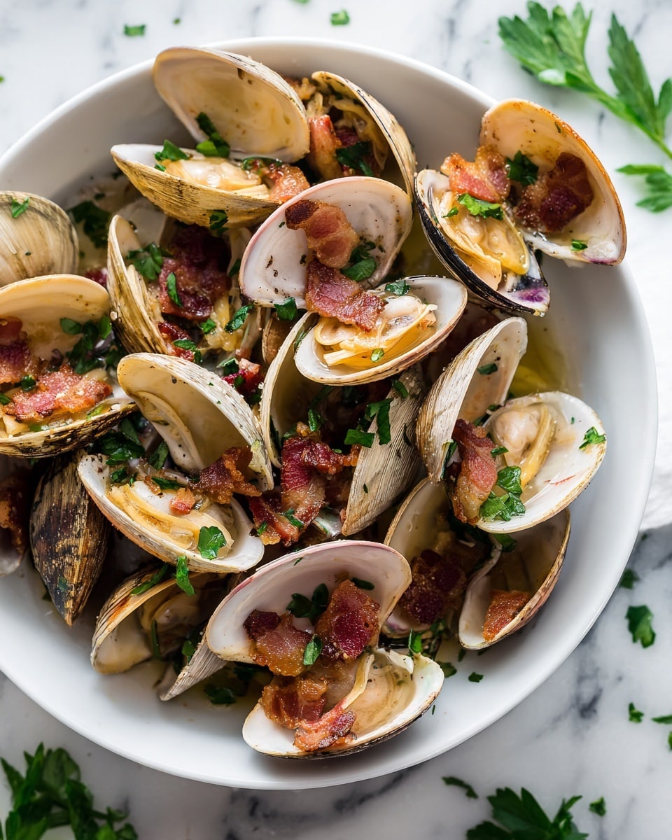 A close-up view of a white bowl filled with open clams layered with small green herbs and pieces of crispy brown bacon scattered evenly. The clamshells range in color from creamy white to dark blue-gray with a smooth, shiny texture, and the clam meat inside looks tender and slightly glossy. The bowl rests on a white marbled surface with some green herb leaves around it, giving a fresh and natural look. photo taken with an iphone --ar 4:5 --v 7