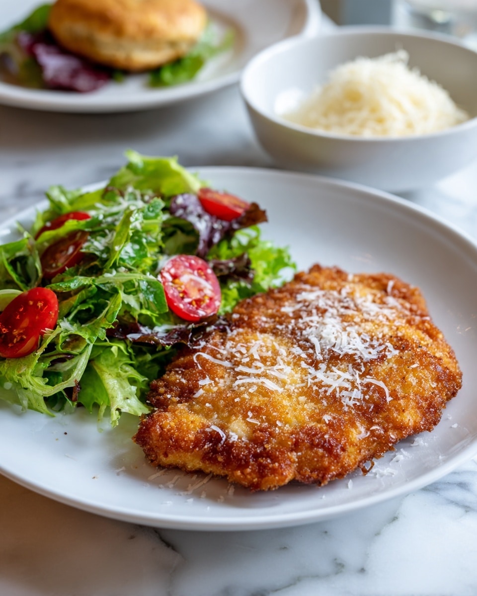 A white plate holds a golden brown breaded fried chicken cutlet in the front right, sprinkled lightly with white grated cheese. On the left side of the plate is a fresh green salad made of mixed leafy greens and sliced bright red cherry tomatoes. In the background, slightly out of focus, there is another white plate with a biscuit and some leafy salad, and a small white bowl filled with shredded white cheese. The table has a white marbled texture beneath everything. photo taken with an iphone --ar 4:5 --v 7