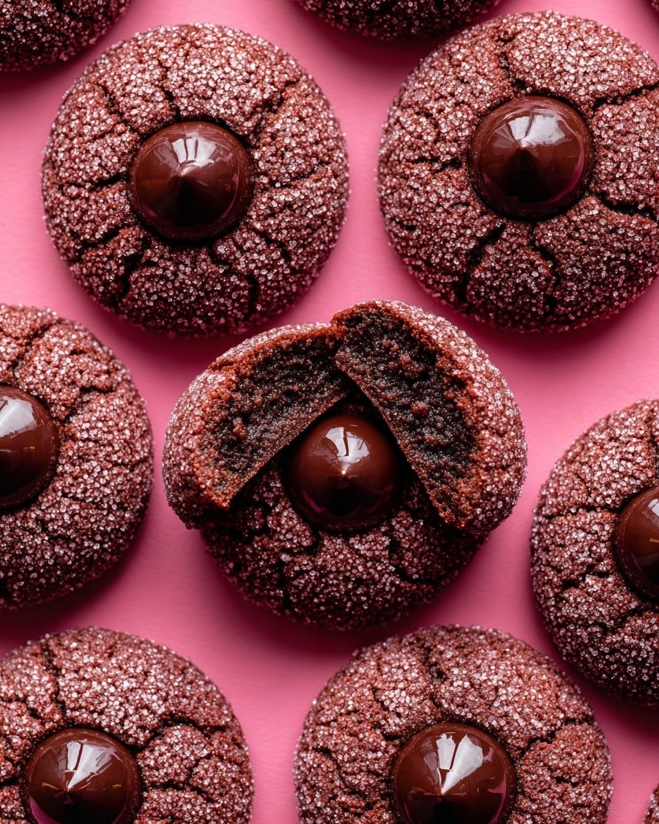 The image shows several round chocolate cookies with a crackled texture on top, coated in fine cocoa sugar, each topped with a shiny chocolate drop in the center. One cookie is broken in half, revealing a soft, rich, dark chocolate inside with a smooth texture. The cookies are placed directly on a smooth, pink surface. photo taken with an iphone --ar 4:5 --v 7