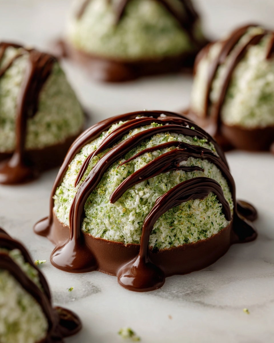 The image shows a close-up of a green, dome-shaped sweet treat with a rough, textured surface that looks like it is made from coconut flakes mixed with a green ingredient, possibly matcha. The bottom part of the dome is dipped in dark brown chocolate, which also drips down the sides in thin, uneven lines. The treat sits on a white parchment paper on top of a white marbled surface. More domes of the same dessert are blurred in the background, creating depth. Photo taken with an iphone --ar 4:5 --v 7