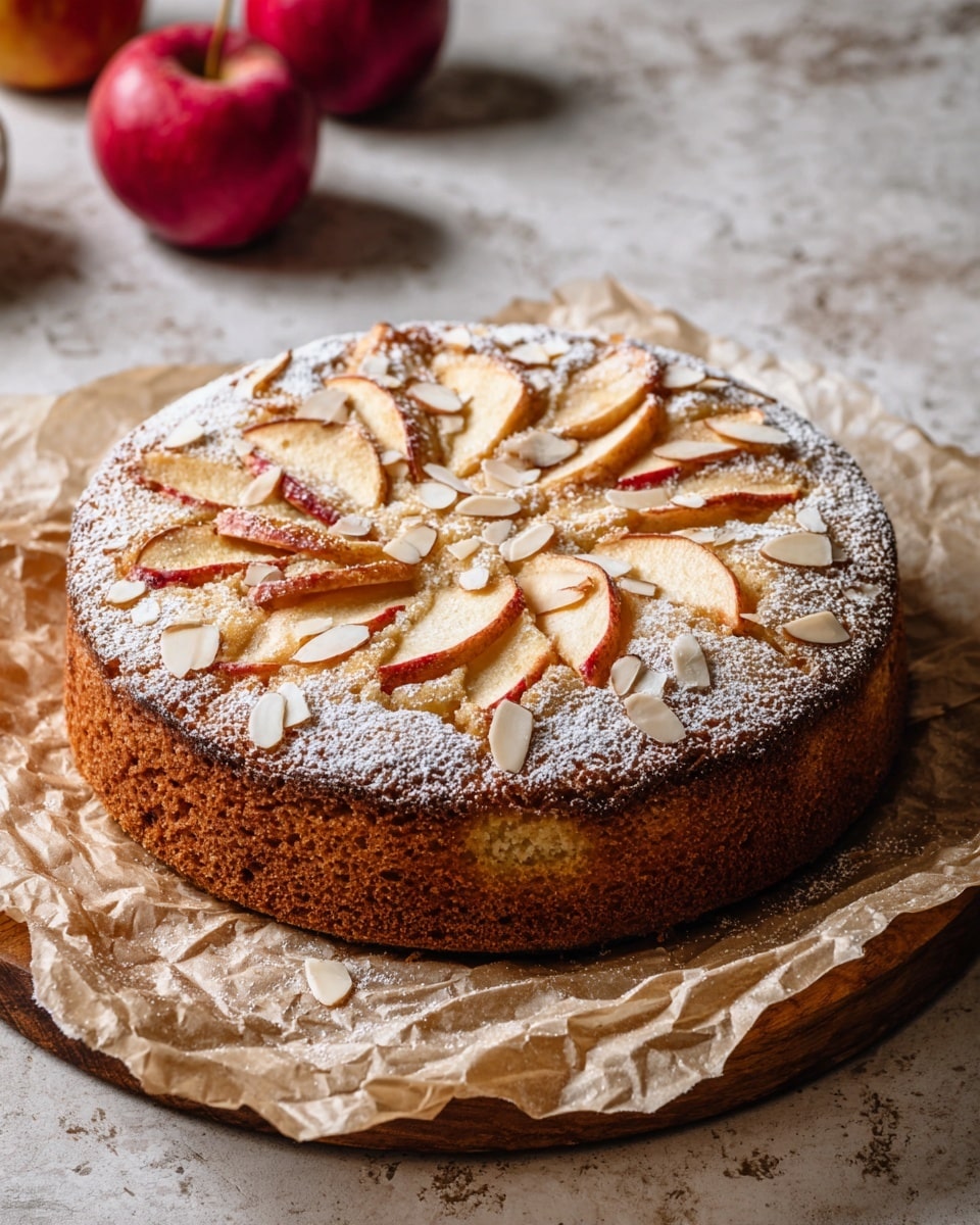 A round, golden-brown cake rests on crinkled parchment paper, showing one visible layer of soft, moist cake filled with thin apple slices that create a fan-like pattern across the top. The surface is sprinkled with slivered almonds and a light dusting of powdered sugar, adding texture and a soft white contrast to the warm tan and golden tones. The edges of the cake are slightly crispy and darker brown, surrounding the tender center. In the blurred background, red apples peek through on a white marbled texture. photo taken with an iphone --ar 4:5 --v 7