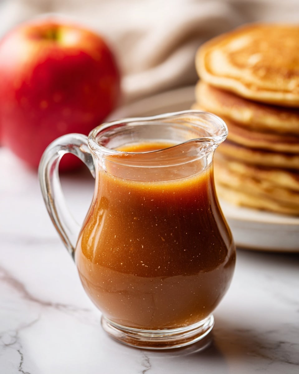 The image shows a clear glass pitcher filled with smooth, golden-brown syrup, slightly thick in texture with tiny specks visible inside. The pitcher has a rounded body with a small spout and a curved handle, sitting on a white marbled surface. In the background, there is a blurred red apple on the left side and a tall stack of light golden pancakes on the right, giving a warm and inviting feel. Photo taken with an iphone --ar 4:5 --v 7