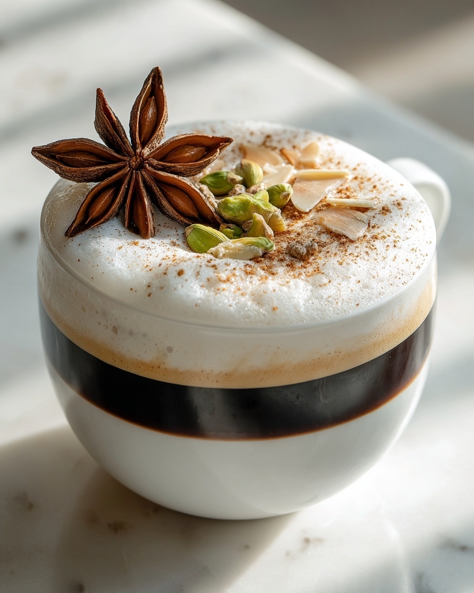 The image shows a white cup filled with a drink that has three clear layers: a bottom dark brown layer, a middle lighter brown layer, and a thick top layer of white foam. On top of the foam, there is a sprinkle of brown powder, some thin light brown almond slices, and a few small green cardamom pods. A large star anise is placed on the rim of the cup, leaning against the foam. The cup is placed on a white marbled surface with soft natural light coming from the side. Photo taken with an iphone --ar 4:5 --v 7