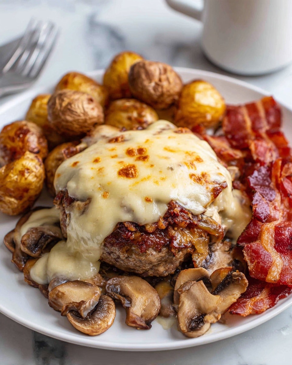 The image shows a close-up of a dish with a thick layer of melted cheese on top that is golden brown and bubbly, covering a base that looks like a round piece of meat or patty. Around this central item, there are small roasted potatoes with a crispy golden skin on the left side and sautéed brown mushrooms below it. On the right side, there is some crispy cooked bacon with a reddish-brown color. The dish is placed on a dark, slightly textured serving surface with a white marbled texture in the background. Photo taken with an iphone --ar 4:5 --v 7