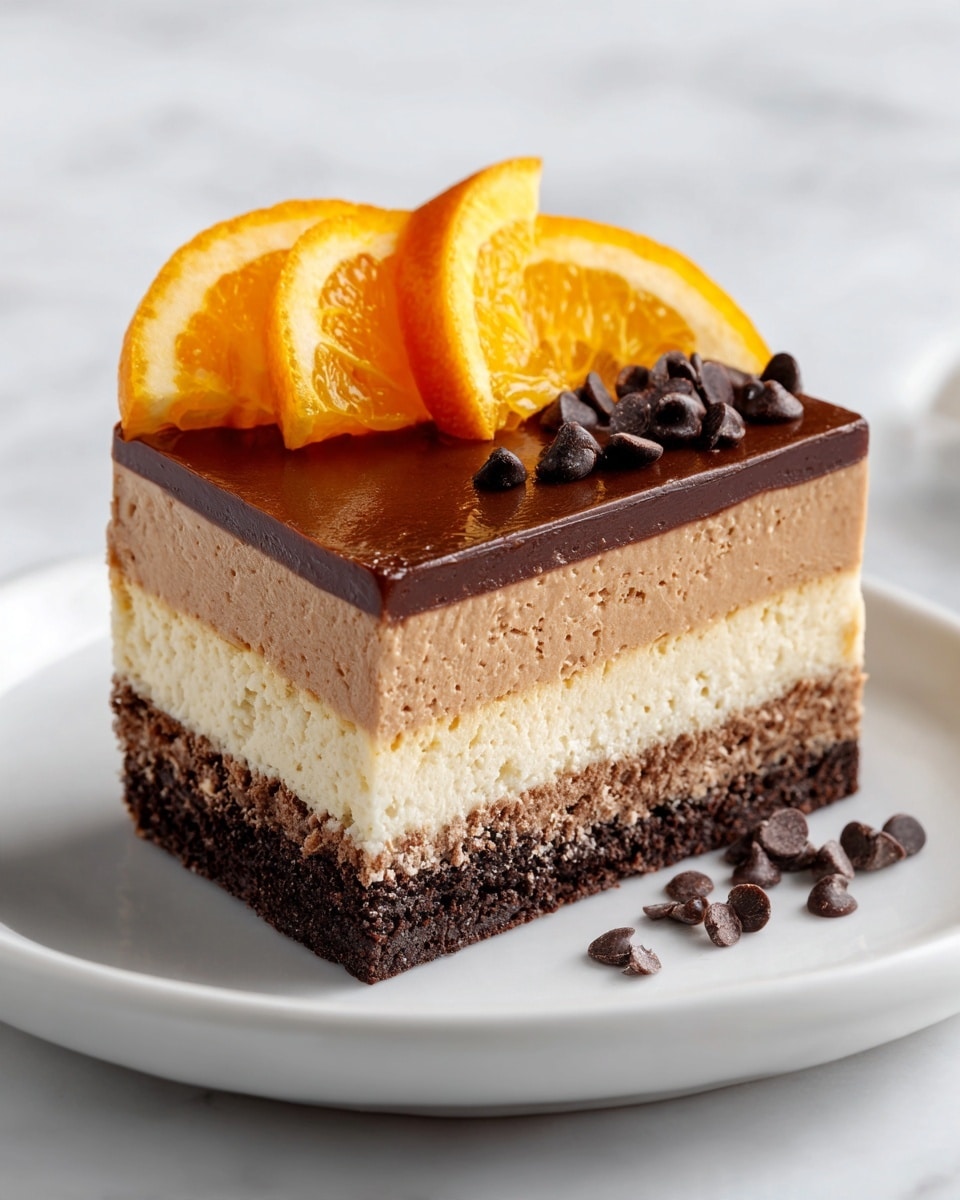 A slice of chocolate mousse cake is shown on a white plate set on a white marbled surface. The cake has four visible layers: the bottom layer is dark, crumbly chocolate crust; above it is a thick, light brown, creamy mousse layer; followed by a smooth, shiny, dark chocolate ganache layer on top. The cake is decorated with a small pile of dark chocolate chips near the back edge and three bright orange, glossy mandarin slices arranged beside the chips. The background is softly blurred greenery, making the cake the clear focus. photo taken with an iphone --ar 4:5 --v 7