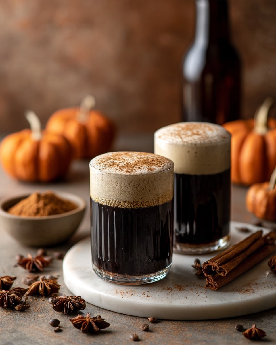 Two tall clear glasses each have two main layers: a dark brown almost black liquid on the bottom, topped with a thick, light tan frothy foam layer sprinkled with a fine dusting of spice. The glasses are placed on a round white marble surface with cinnamon sticks and star anise scattered around. In the background, a small bowl filled with brown powder and small pumpkins add warm autumn colors, all set against a warm orange-brown blurred background. Photo taken with an iphone --ar 4:5 --v 7