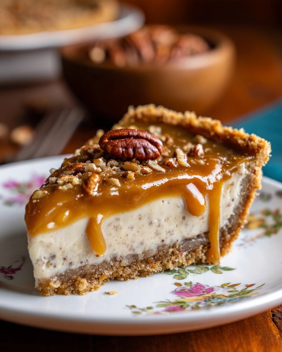 A close-up of a slice of pie on a white plate with a floral embossed pattern, resting on a white marbled surface. The pie has three visible layers: a light brown crust at the bottom, a creamy beige filling with bits of chopped pecans embedded inside in the middle, and a thick shiny caramel topping covering the entire top layer, with a whole pecan and crushed pecan pieces scattered on top. The caramel spills slightly down the side of the slice, giving it a glossy and sticky look. Photo taken with an iphone --ar 4:5 --v 7