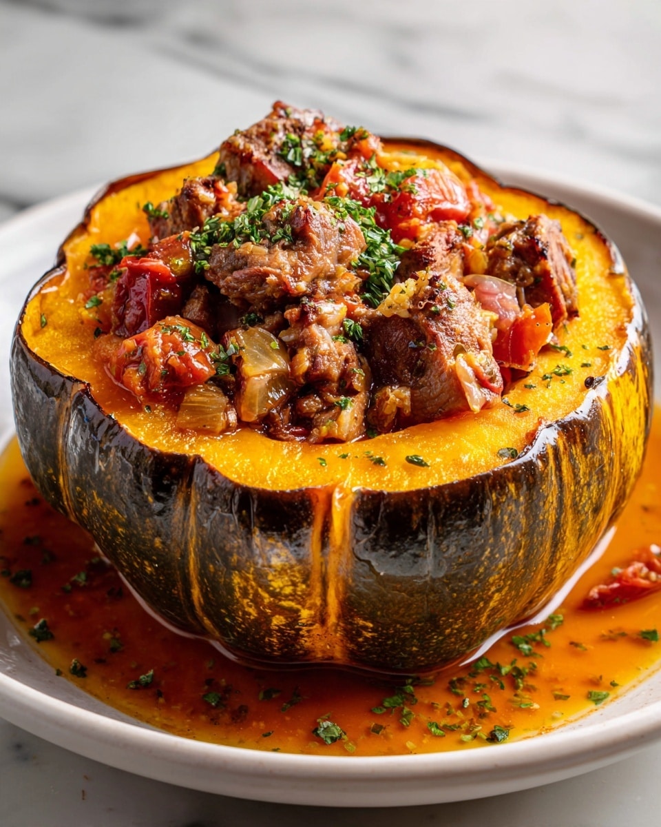 The image shows a stuffed squash with three main layers. The bottom layer is the hollowed-out squash with a smooth dark green texture. Inside, there is a middle layer of orange-colored cooked squash flesh that looks soft and slightly chunky. On top, there are browned meatballs with a slightly rough texture, mixed with small pieces of diced vegetables that are pinkish and yellowish. The dish is garnished with finely chopped green herbs scattered across the surface. The plate underneath is white, and the background is a white marbled texture. The photo was taken with an iphone --ar 4:5 --v 7