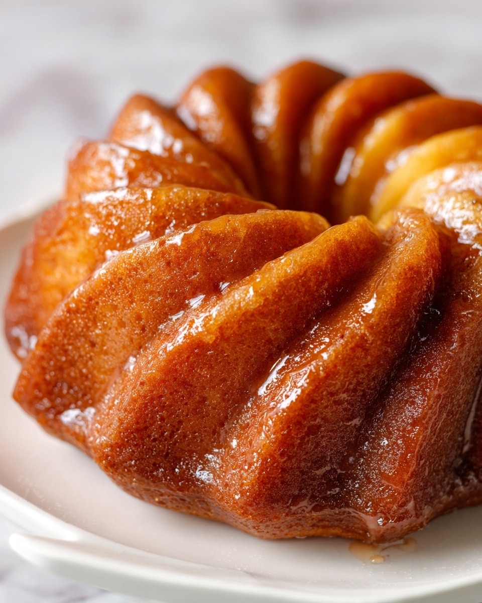The image shows a close-up of a small, round bundt cake with a shiny, golden-brown glaze that makes the surface look sticky and sweet. The cake has a detailed spiral pattern on top, with ridges creating a flower-like shape. It sits on a white plate with a simple design, placed on a white marbled surface. The texture of the cake looks soft and moist with a slightly crisp outer layer. Photo taken with an iphone --ar 4:5 --v 7