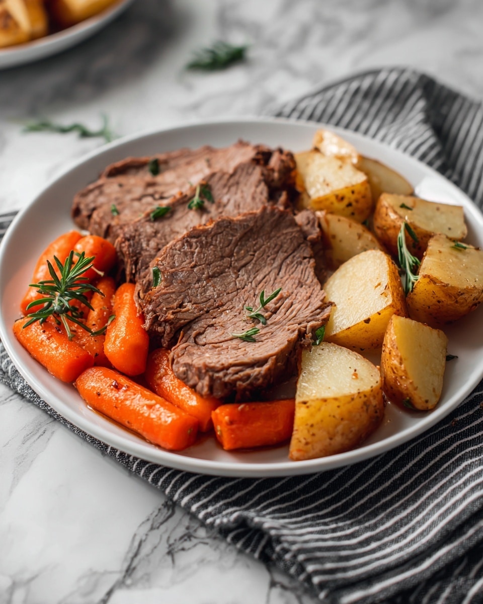 The image shows a white plate with three main layers: at the bottom, there are cooked orange carrot slices; on top, several large pieces of brown, juicy boiled beef with a tender texture; next to the meat, there are small, golden roasted potato pieces that look crispy on the edges. Sprigs of green herbs rest on top of the beef, adding a fresh touch. The plate is set on a white marbled surface with a black and white striped cloth partly visible under the plate’s edge. photo taken with an iphone --ar 4:5 --v 7