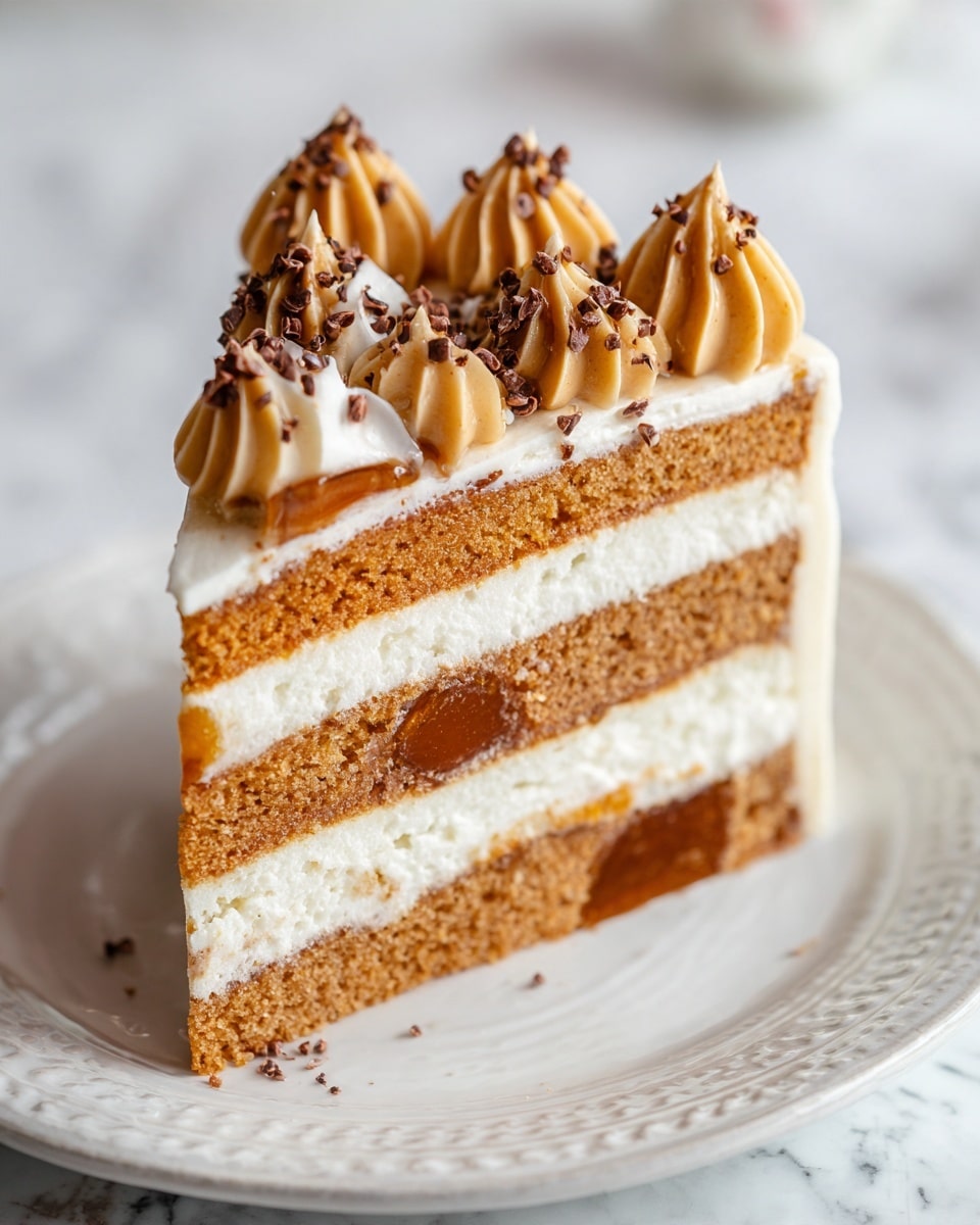 The image shows a slice of layered cake on a white plate with a subtle decorative edge. The cake has four layers: the bottom, third, and top layers are light brown with a soft, moist texture; the second and fourth layers are creamy white frosting with smooth texture, including a visible caramel swirl in the second layer. On top of the slice, there are piped dollops of light brown frosting with a glossy finish, along with small chocolate shavings scattered between the dollops. The background is a white marbled surface. photo taken with an iphone --ar 4:5 --v 7