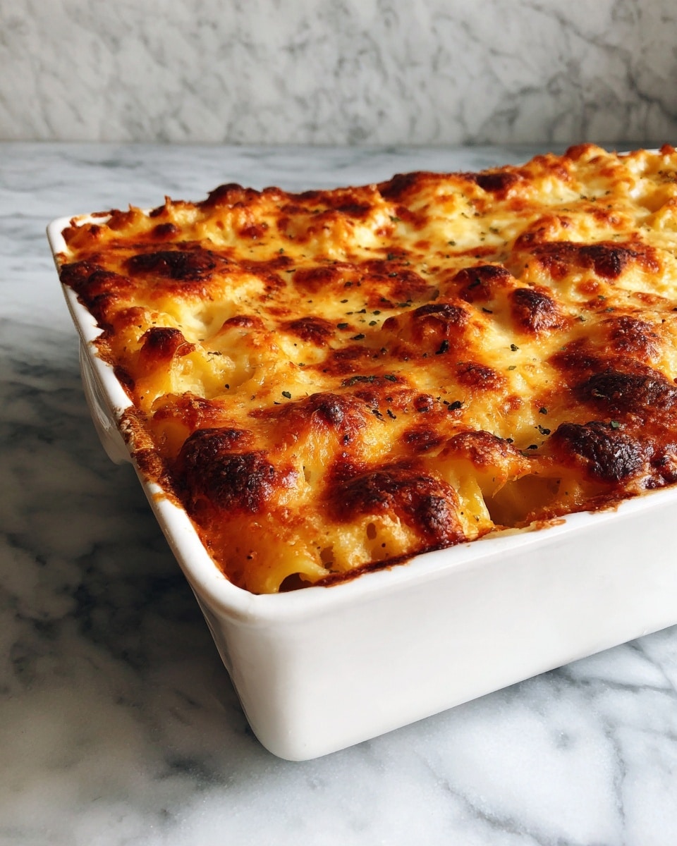 A white rectangular baked dish filled with a creamy lasagna that has a golden brown, bubbly cheese top layer with dark brown spots dispersed evenly. The edges show slightly curled pasta sheets beneath the melted cheese, and the top looks thick and textured with small browned cheese bubbles. The background is a white marbled surface. photo taken with an iphone --ar 4:5 --v 7