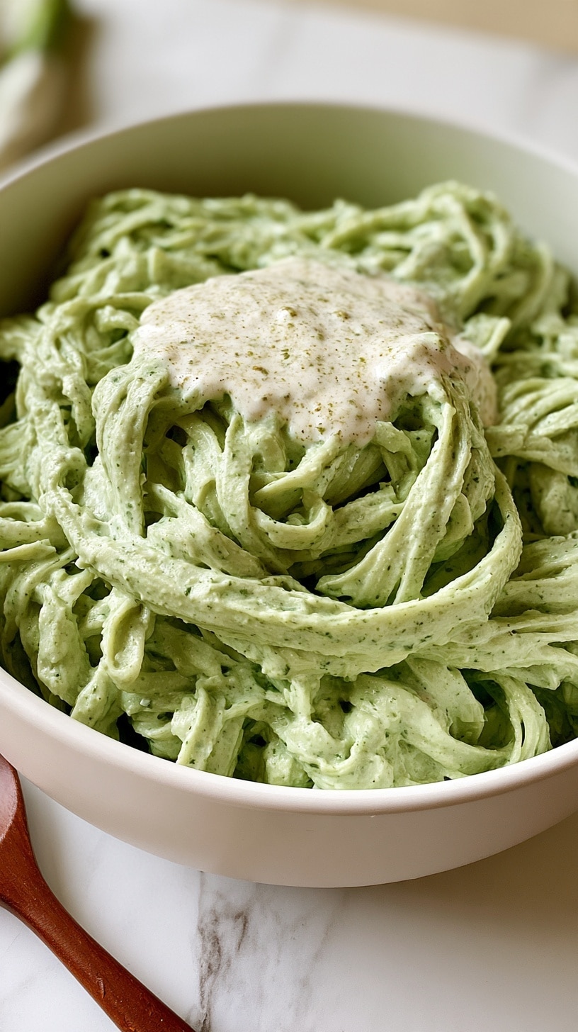 A large white bowl filled with a creamy mixture that is pale green in color with thicker white sauce drizzled unevenly on top, giving a slightly lumpy and textured appearance. The green base looks like a soft, whipped salad with thin, uneven white ribbons mixed throughout. The bowl sits on a white marbled surface, and next to it is a small wooden spoon handle partially visible. photo taken with an iphone --ar 4:5 --v 7