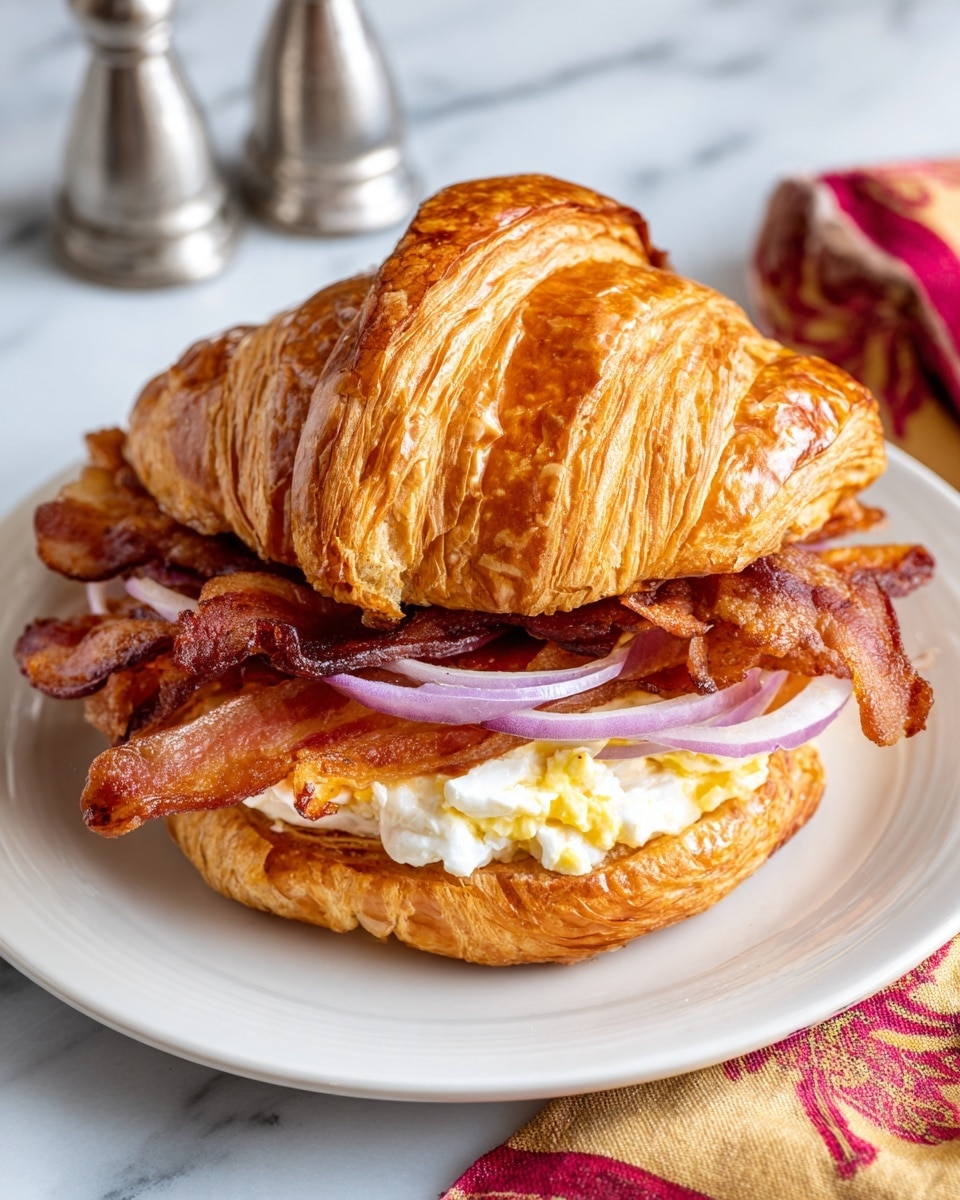 A croissant sandwich sits on a white plate over a white marbled surface, showing layers from top to bottom. The top layer is a golden-brown croissant with a flaky texture and a slight shine. Beneath it, two strips of crispy bacon extend out on each side, showing a reddish-brown color with texture and slight charring. Under the bacon, there are rings of light purple onion and a layer of creamy yellow egg salad with a smooth, soft texture. The sandwich is surrounded by a folded cloth with a red and yellow pattern at the top right of the image and a pair of silver salt and pepper shakers at the top left. Photo taken with an iphone --ar 4:5 --v 7