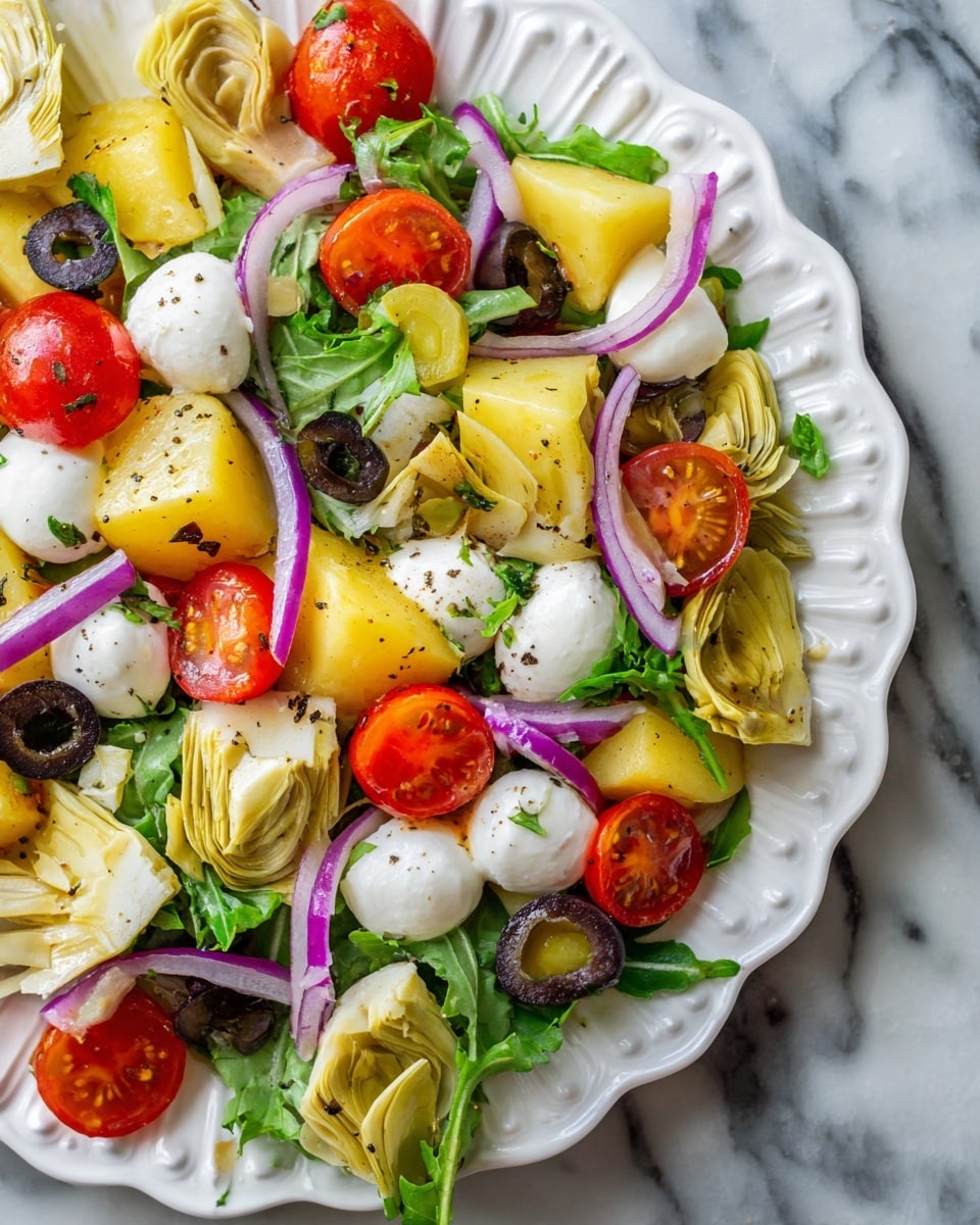 A close-up view of a white scalloped plate filled with a mixed salad composed of several layers: the base layer shows chunky, soft yellow potato pieces with a slightly waxy texture; scattered throughout are bright red cherry tomatoes adding a glossy and smooth contrast; thin, translucent purple onion slices arranged randomly create a delicate layering effect; small white mozzarella balls are dotted evenly, adding a creamy texture; there are sliced black olives and light green artichoke hearts mixed in, each with a firm texture; fresh green parsley leaves are sprinkled on top along with a light dusting of cracked black pepper, making the salad look fresh and colorful. The plate sits on a white marbled surface. photo taken with an iphone --ar 4:5 --v 7