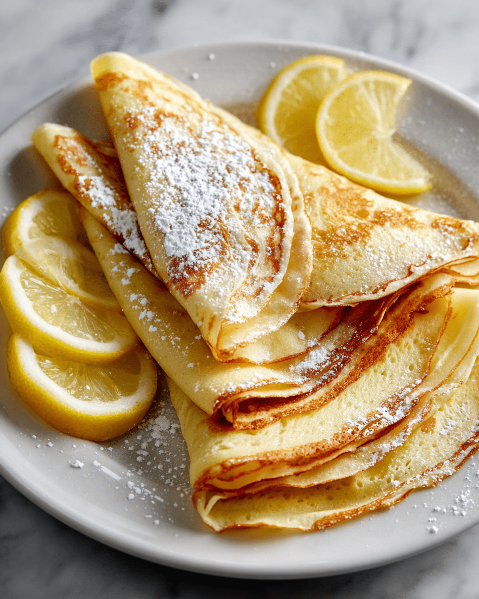 Thin light golden crepes are layered softly on a white plate with a white marbled surface beneath. There are about five crepes, some folded into quarters and one lying flat as the base, showing their smooth, slightly browned texture. Powdered sugar is lightly dusted over the crepes, adding a fine white layer with a soft sparkle. On the left side of the plate, three thin lemon slices with pale yellow flesh and white rinds add a fresh, bright accent. Photo taken with an iphone --ar 4:5 --v 7