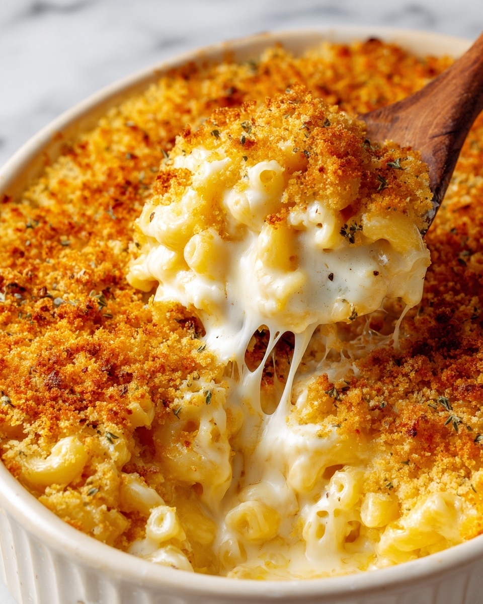 A close-up of a baked macaroni and cheese dish showing creamy, melted cheese with a golden, crunchy breadcrumb topping. The top layer is made of browned, crispy breadcrumbs mixed with cheese, creating a textured, rough look in golden brown and light yellow colors. Below, a thick layer of gooey, stretchy white cheese coats soft, pale yellow macaroni noodles, with some cheese strands pulling as a wooden spoon scoops the dish. The mix of creamy and crunchy textures creates an inviting, warm comfort food appearance, with a white marbled background. photo taken with an iphone --ar 4:5 --v 7