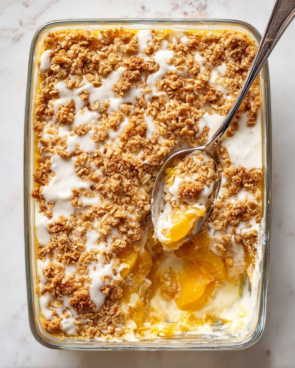 This image shows a baked dessert in a clear glass rectangular dish on a white marbled surface. The dessert has two main layers: the bottom layer is soft, golden, cooked fruit filling with a glossy texture, mostly yellow with some deeper golden tones, while the top layer is a crumbly oat mixture, golden brown with some toasted edges and a rough texture. Light white icing is drizzled unevenly over the top, adding a soft contrast to the crumbly oat topping. A large silver spoon is scooping a corner portion out, revealing the thick fruit layer beneath the oat crust. Photo taken with an iphone --ar 4:5 --v 7