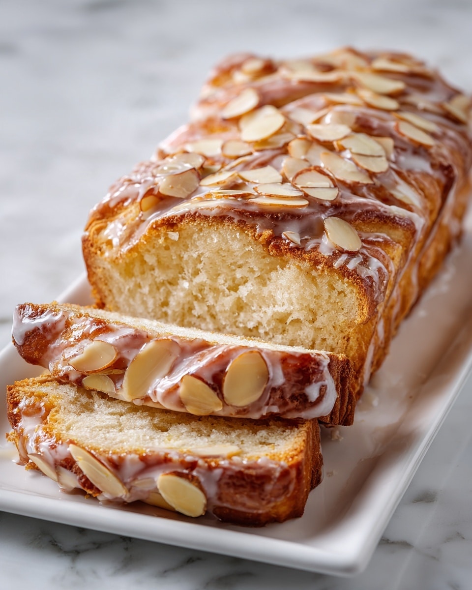 A golden brown pastry roll sits on a white rectangular plate over a white marbled surface. The pastry is topped with thin, toasted almond slices and a shiny, slightly textured glaze. It is sliced into four pieces—three smaller, evenly cut slices arranged in front of the larger, whole roll. The inside filling is light beige, smooth, and thick, contrasting with the flaky, layered outer crust that is slightly puffed and crisp. Photo taken with an iphone --ar 4:5 --v 7