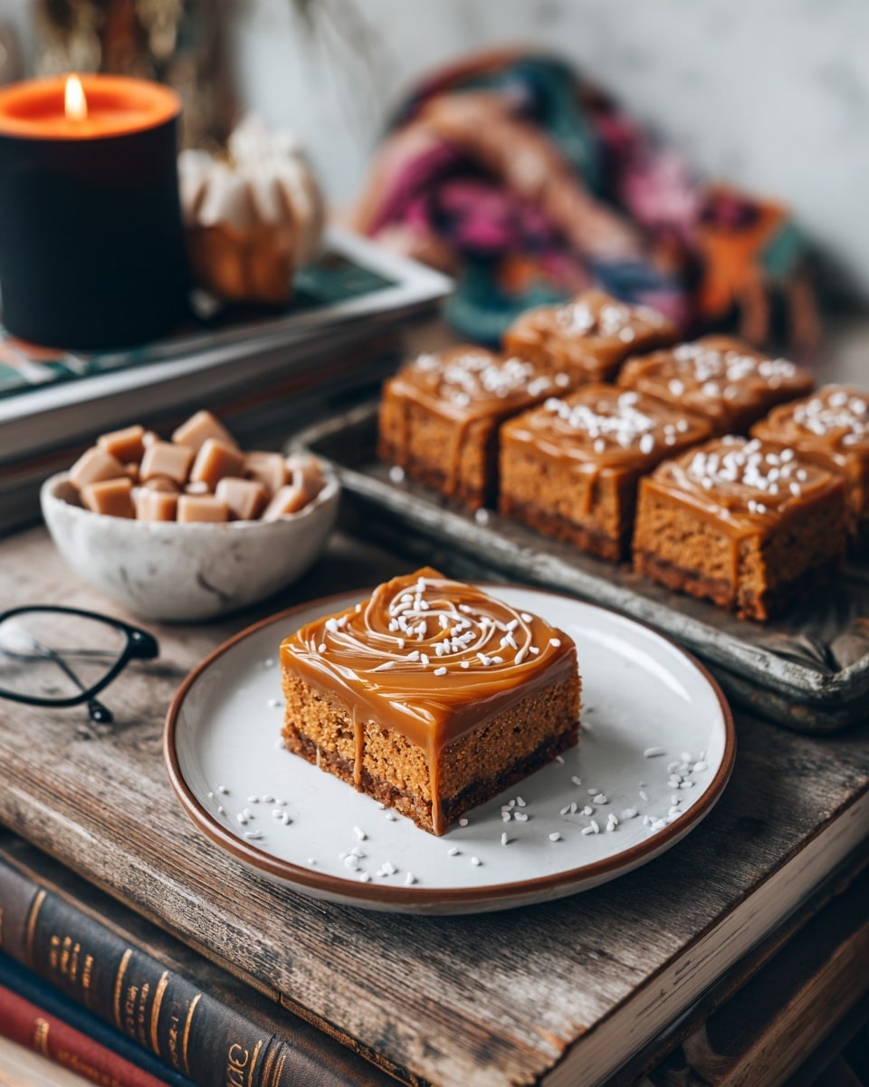 A square piece of light brown cake with a thick, creamy caramel-colored frosting layer on top sits centered on a white plate with a thin brown rim; the frosting is smooth with drizzled caramel and small white sprinkles on its surface. Behind the cake slice, more pieces of the same cake with identical frosting are placed on a wooden board. To the back left, a white bowl filled with small light brown candy drops is visible, and to the left of that is a black candle holder with a lit orange candle. The setting is rustic with the food resting on an old wooden book and a white marbled texture surface underneath. Photo taken with an iphone --ar 4:5 --v 7
