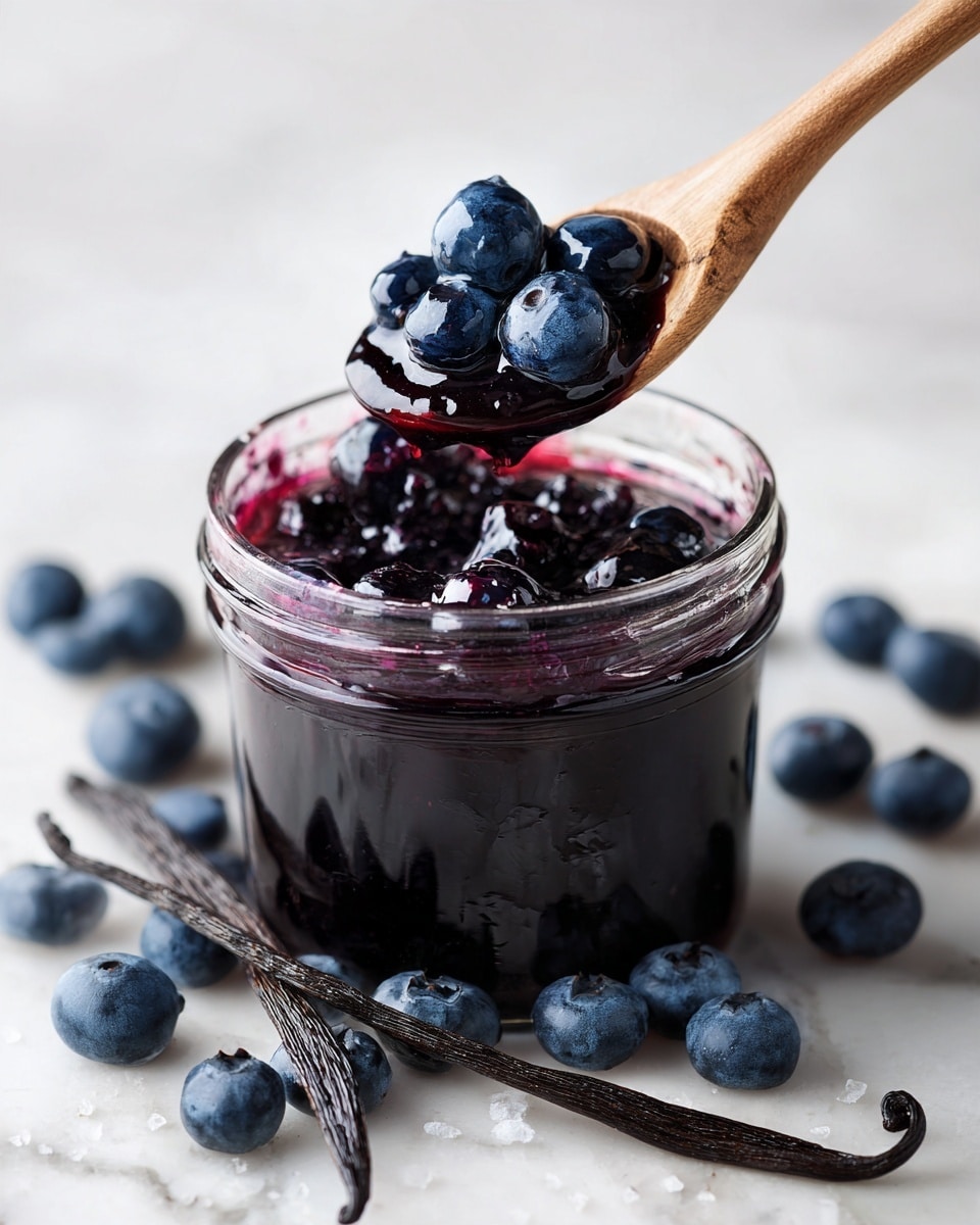 A clear glass jar filled with dark purple blueberry jam showing whole blueberries on top, with a light brown wooden spoon scooping several shiny blueberries covered in jam, the jar sitting on a white marbled texture surface surrounded by a few loose fresh blueberries and a vanilla bean pod lying beside it, with another unopened jar of jam blurred in the background. photo taken with an iphone --ar 4:5 --v 7