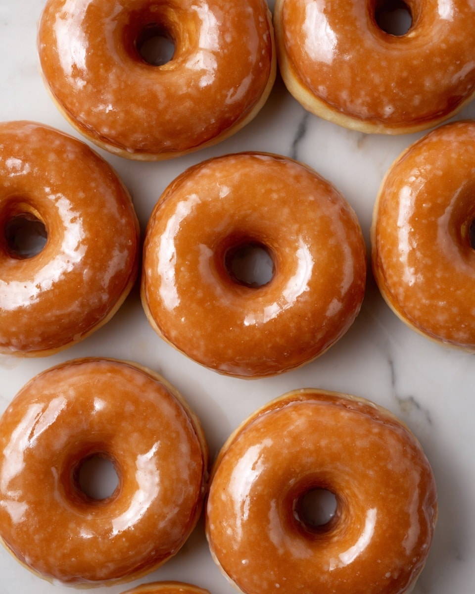 Nine glazed donuts with a shiny, smooth, light brown sugar glaze cover each donut fully. Each donut has a soft and slightly bumpy texture with a golden brown base visible on the sides. The donuts are arranged in a grid with three rows and three columns, all resting directly on a white marbled surface. The holes in the center of the donuts are round and clearly visible. photo taken with an iphone --ar 4:5 --v 7