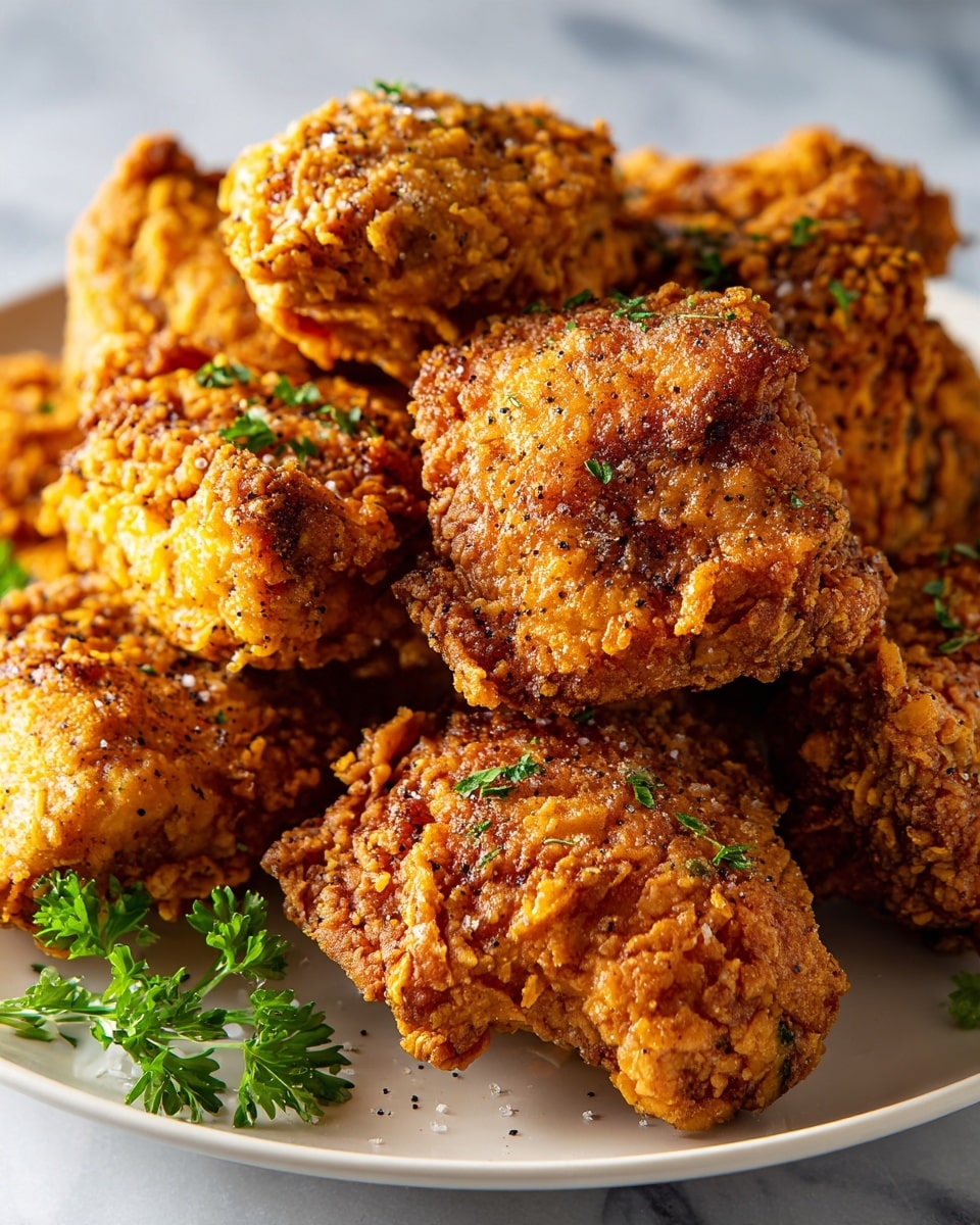 A close-up view of crispy fried chicken pieces arranged closely together on a white plate, each piece having a thick, golden brown, textured crust with visible black pepper and salt seasoning sprinkled on top. The crunchy coating shows small, uneven bumps and rough patches, giving a rich, crunchy look. Bright green fresh parsley sprigs are placed around the chicken, adding a touch of fresh color against the warm tones of the fried chicken. The plate sits on a white marbled surface. photo taken with an iphone --ar 4:5 --v 7