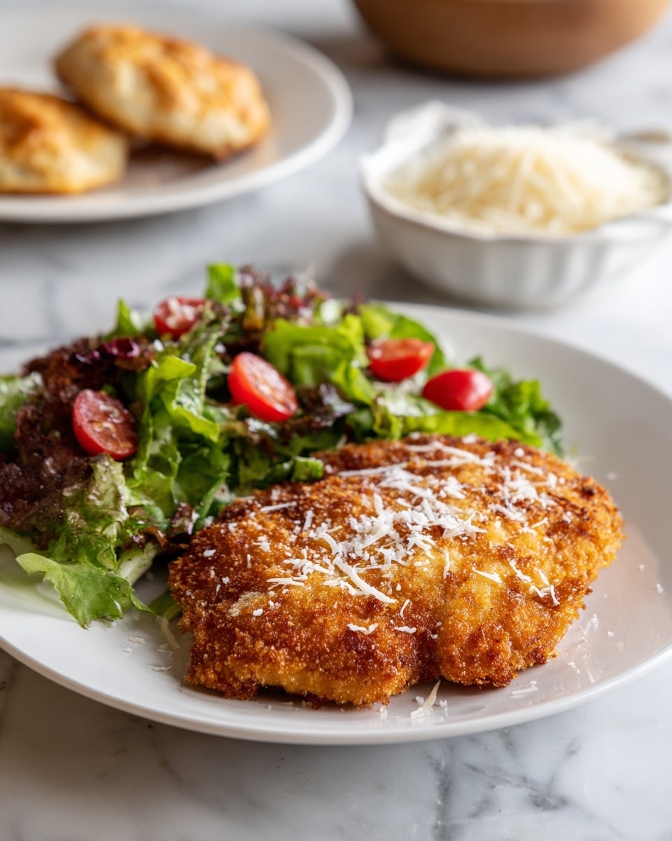 The image shows a white plate placed on a white marbled texture. On the plate, there is a golden-brown breaded chicken cutlet with a crispy texture topped with light flakes of grated cheese. Next to the chicken is a fresh green salad made of mixed leafy greens and halved red cherry tomatoes, adding bright green and red colors. In the background, there is another white plate with a similar meal and a bowl of white grated cheese, along with a small white bowl of black pepper. Photo taken with an iphone --ar 4:5 --v 7