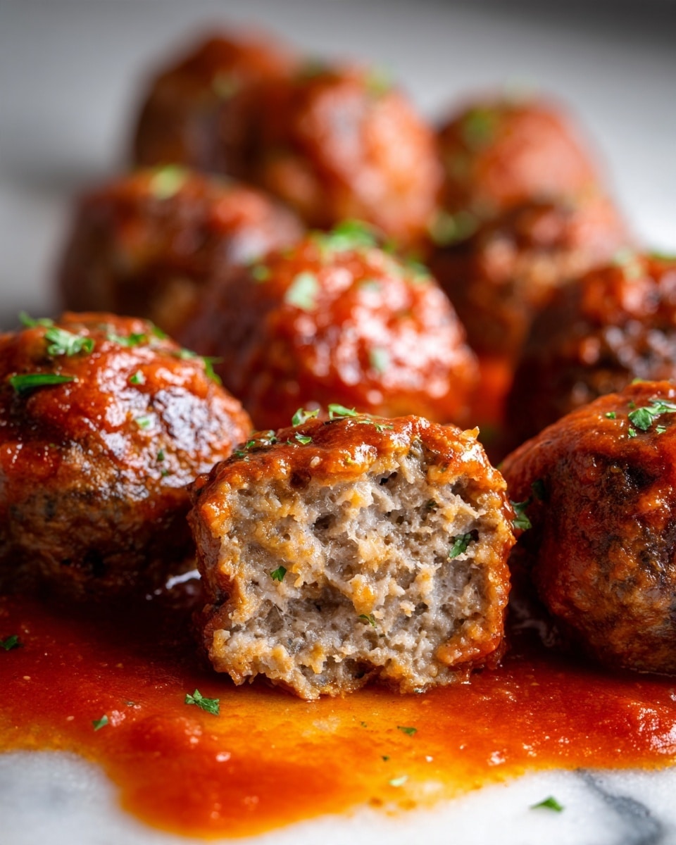 The image shows a close-up of several meatballs in bright red sauce, all arranged closely together. One meatball is cut in half, showing a soft, moist inside with herbs mixed in. The meatballs have a slightly shiny, textured surface and are topped with small sprigs of green herbs. The bright red sauce has a smooth texture that glistens around the meatballs. The background is a white marbled texture. Photo taken with an iphone --ar 4:5 --v 7