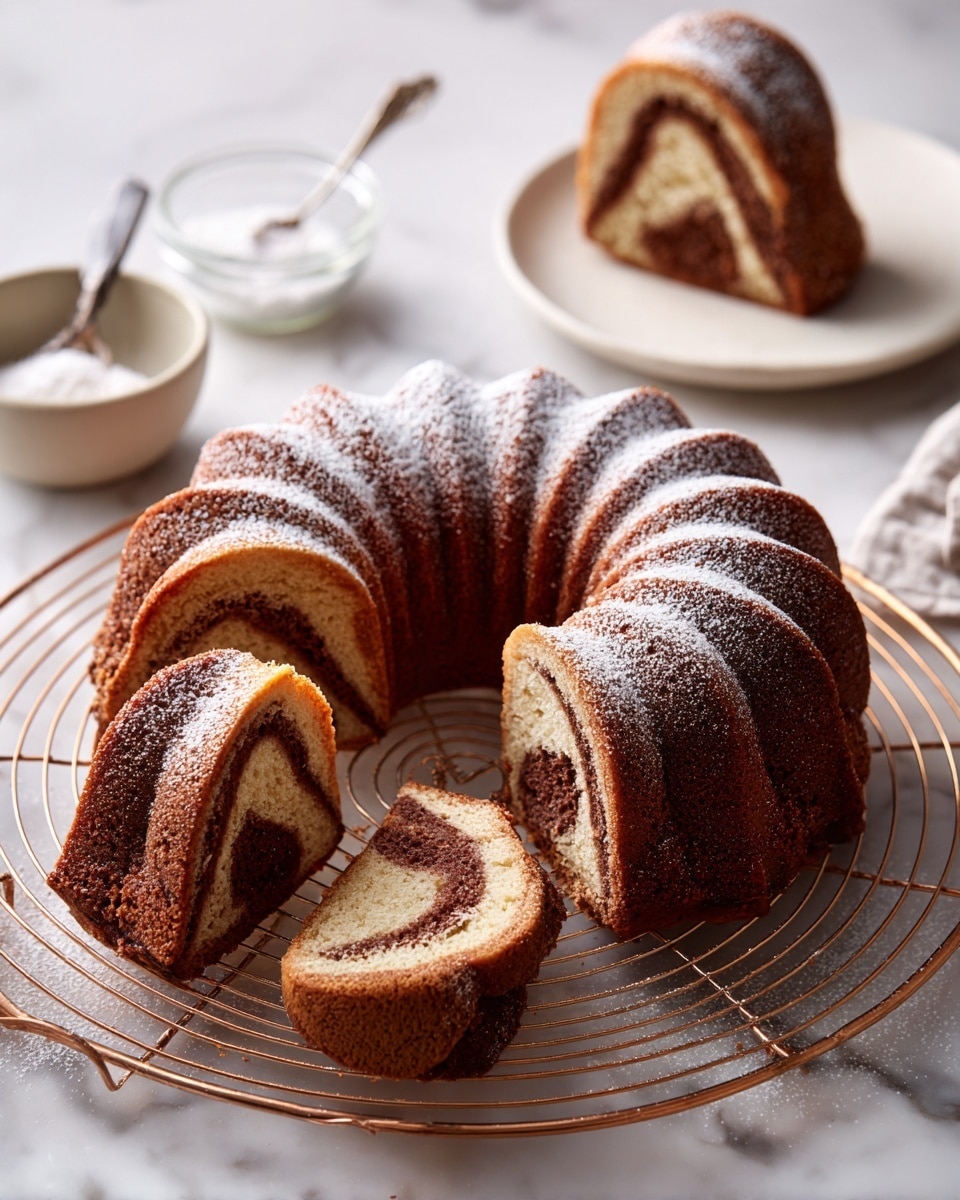 A bundt cake with a swirled pattern of light brown and dark brown layers is placed on a round wire cooling rack. The cake has a dusting of powdered sugar on top, highlighting its ridged shape. Several slices of the cake are cut and arranged on the rack, showing the contrasting swirl of colors inside. The setting includes a small white plate with a slice of cake and a small glass bowl with powdered sugar nearby, all on a white marbled surface. Photo taken with an iphone --ar 4:5 --v 7