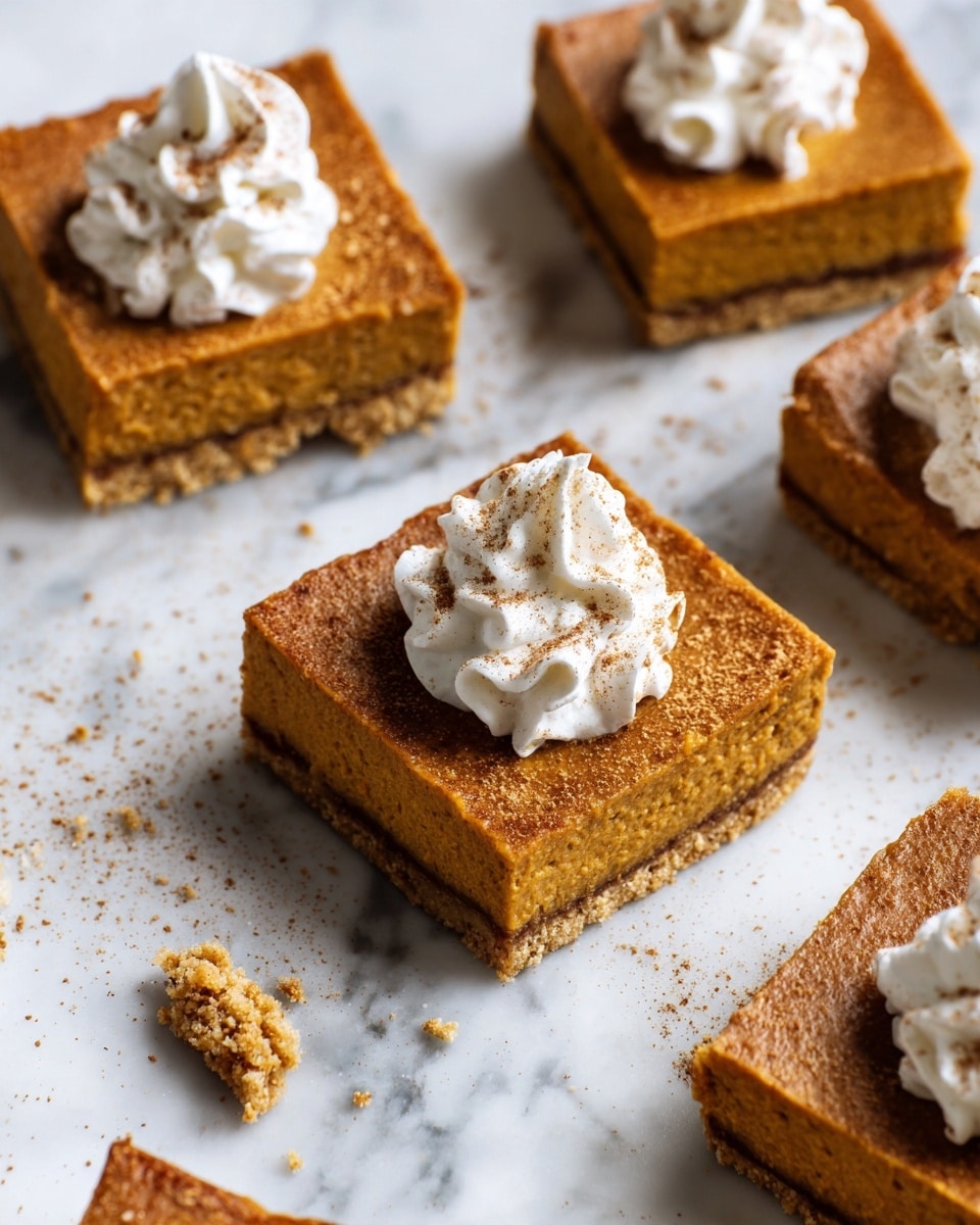 The image shows several square pieces of pumpkin pie with a thick, smooth orange-brown filling and a darker brown crust at the bottom. One central piece has a generous swirl of white whipped cream on top, dusted lightly with cinnamon or nutmeg powder. The pie squares have a dense, slightly crumbly texture, and one small piece has been bitten off, revealing the inside. The pies are placed on a dark surface with visible crumbs scattered around, adding a tactile feel. photo taken with an iphone --ar 4:5 --v 7