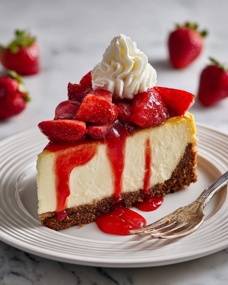 A slice of cheesecake with three layers is placed on a white plate with ridges around the edge. The bottom layer is a light brown crust, the thick middle layer is creamy pale yellow cheesecake, and the top layer is covered with shiny red strawberry sauce. Fresh sliced strawberries are arranged on the sauce, with some pieces dripping over the edge of the cheesecake and pooling on the plate. A swirl of white whipped cream sits on top of the strawberries. A silver fork is placed on the right side of the plate with some strawberry sauce next to it. The scene is set on a white marbled surface with whole strawberries nearby. Photo taken with an iphone --ar 4:5 --v 7