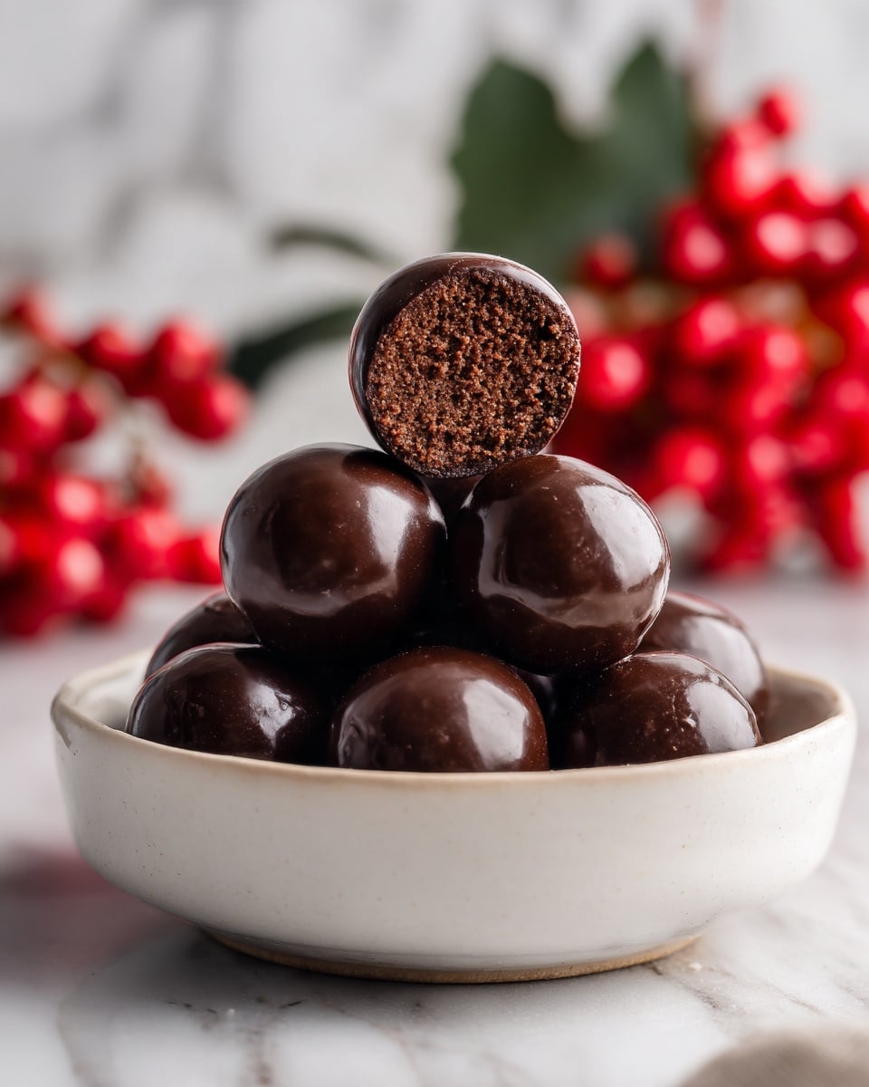 A small pile of smooth, dark chocolate-covered round truffles is placed on a white plate; one truffle is cut in half on top, showing a dense, rich, slightly crumbly dark brown filling inside. The surface beneath is a white marbled texture, with a bunch of shiny red berries and green leaves blurred in the background. A gold spoon and a small amber glass are also softly out of focus nearby. photo taken with an iphone --ar 4:5 --v 7
