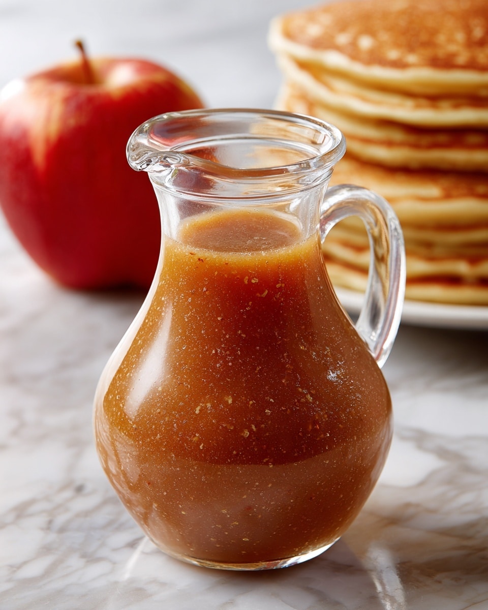 A clear glass pitcher filled with smooth, thick, brownish-orange syrup sits in the center. The syrup has a glossy texture and small visible specks inside it. Behind the pitcher, there is a red apple on the left and a tall stack of golden-brown pancakes on the right. All of this rests on a surface with a white marbled texture. The photo taken with an iphone --ar 4:5 --v 7