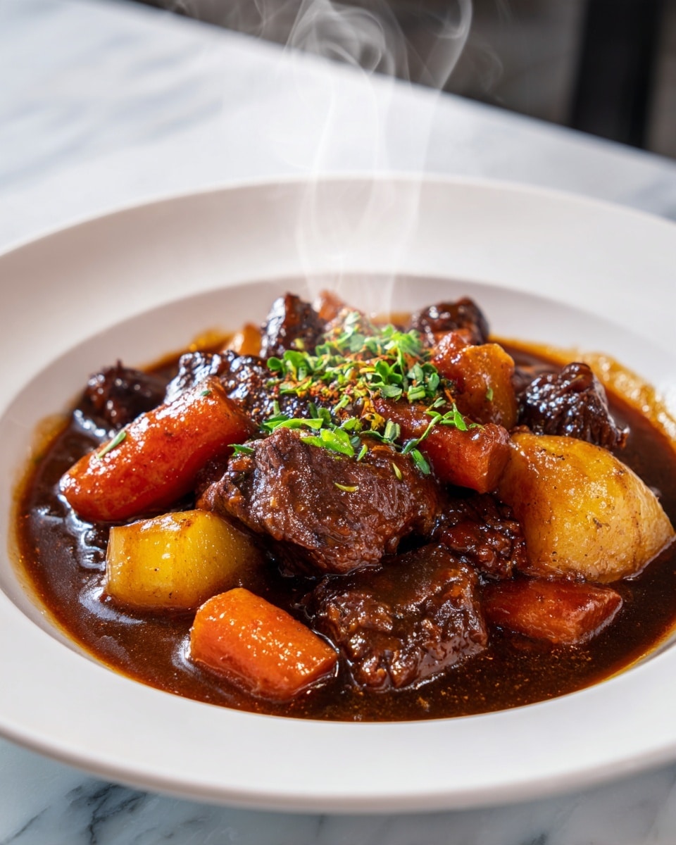 The image shows a close-up of a beef stew in a white bowl. There are three main layers visible: the bottom layer is a dark brown, thick broth with a glossy texture. On top of the broth are chunky pieces of tender beef, deep brown in color with a slightly shiny surface. Scattered among the beef are bright yellow potato chunks and orange carrot pieces, each soft and smooth looking. Small green herbs are sprinkled on top, adding a fresh contrast. The bowl sits on a white marbled surface, enhancing the rich colors of the stew. Photo taken with an iphone --ar 4:5 --v 7