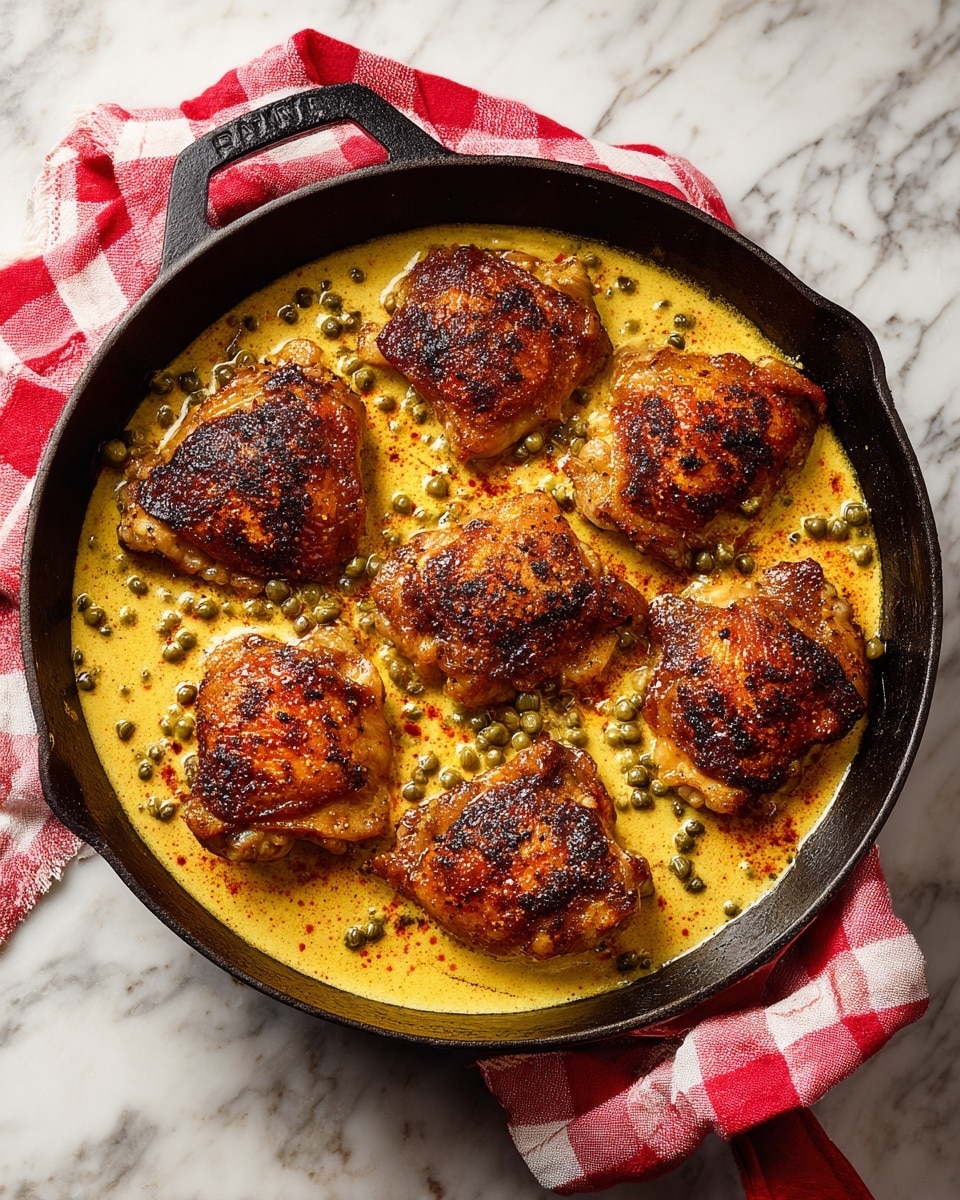 A black cast iron pan filled with seven browned chicken thighs sitting in a thick, creamy yellow sauce with visible specks of spices, lightly sprinkled with red paprika and garnished with small green capers scattered on top, placed on a white marbled textured surface with a red and white checkered cloth nearby. photo taken with an iphone --ar 4:5 --v 7